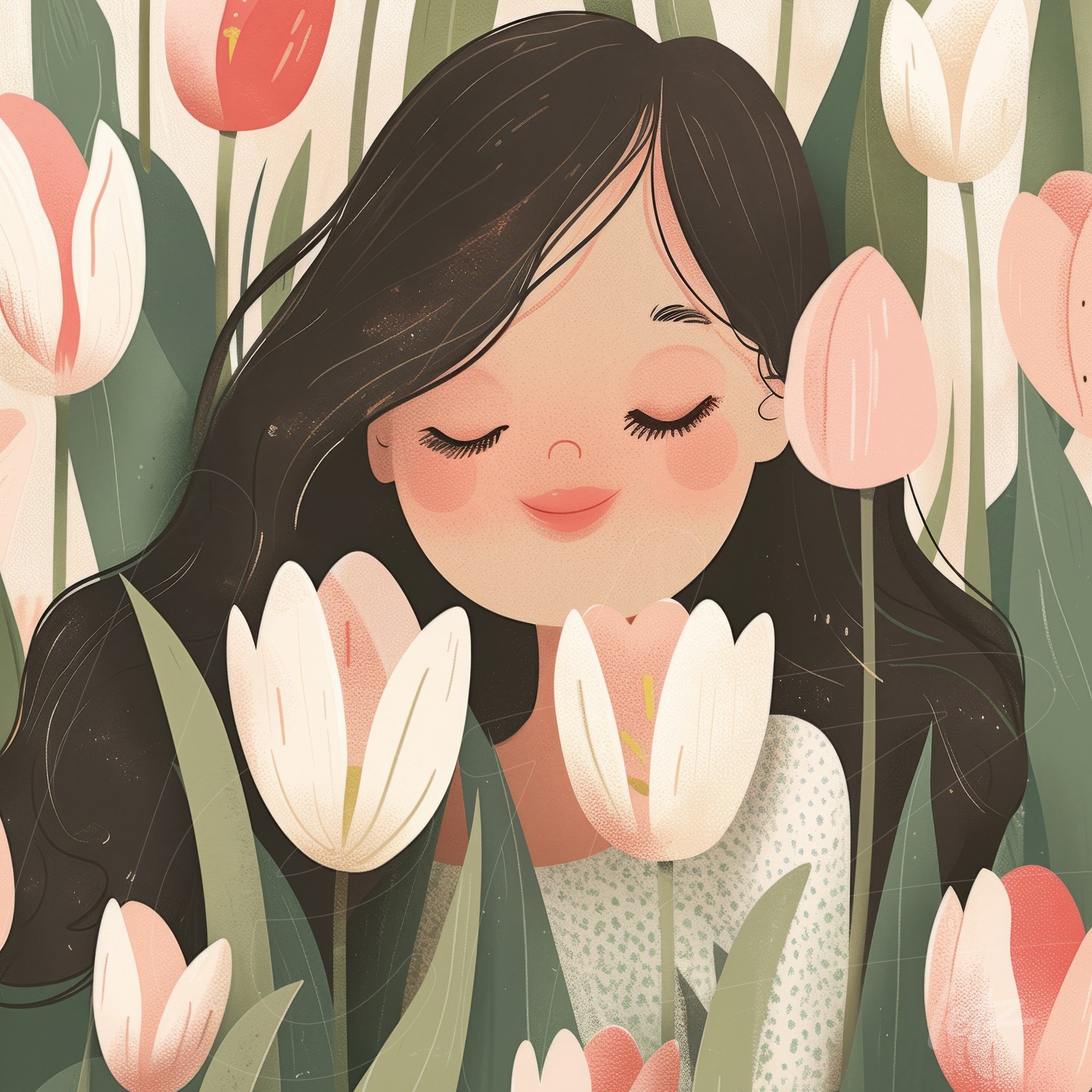 ilustração de mulher sorrindo entre tulipas em tons pastel com fundo suave