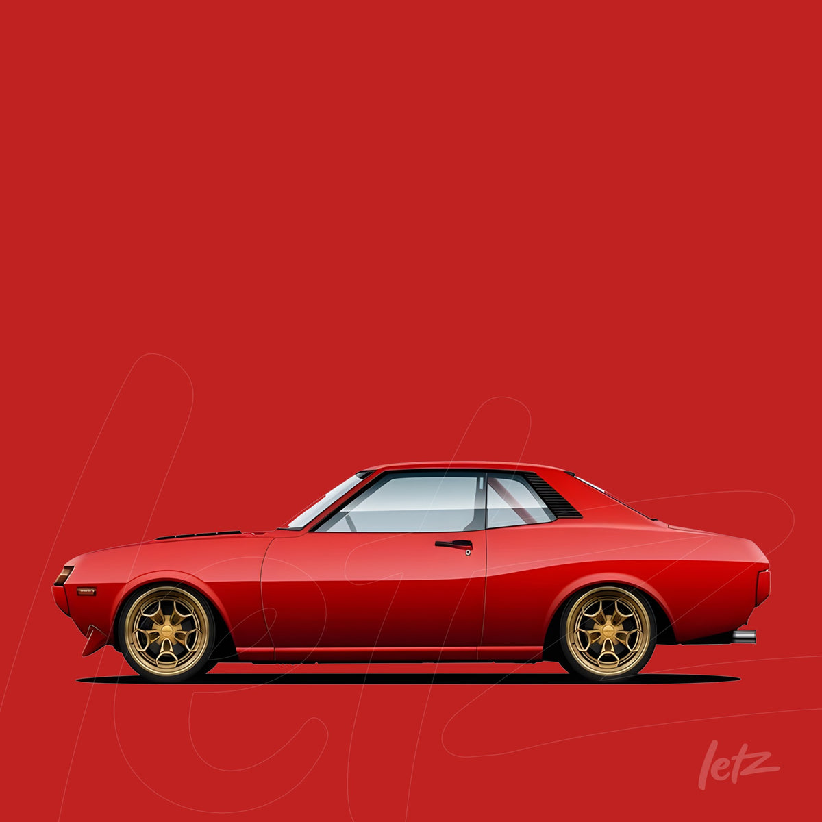 arte digital de carro clássico vermelho em fundo vermelho liso com rodas douradas