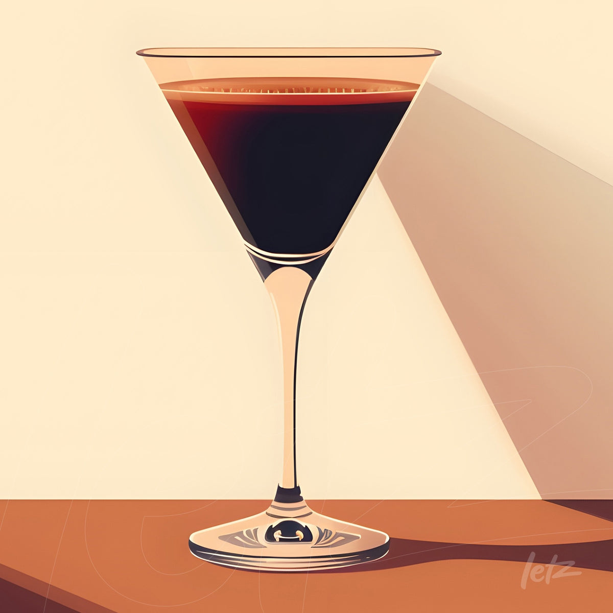 arte digital minimalista de um copo de coquetel com líquido escuro sobre base marrom