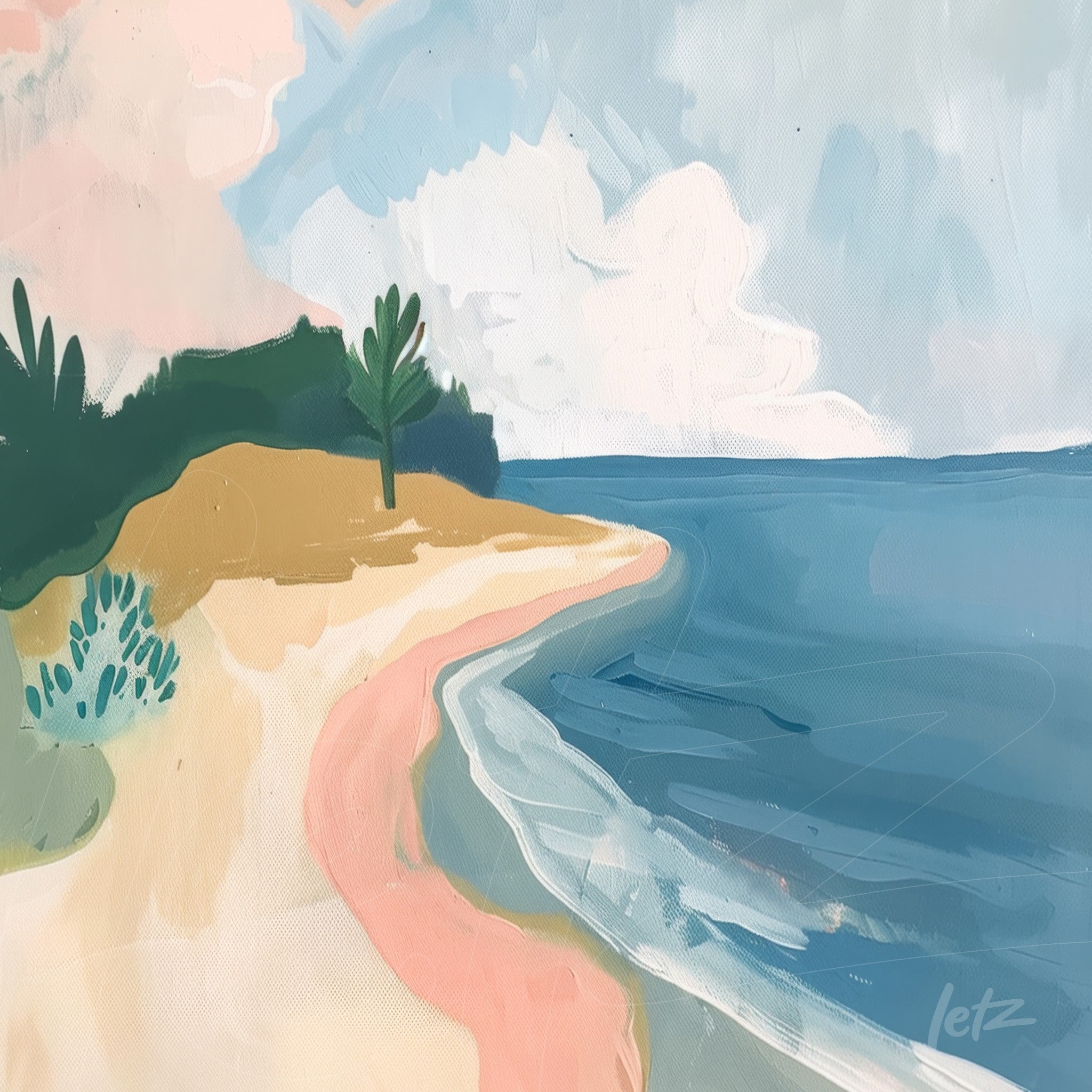 arte em canvas representando uma paisagem praiana com areia dourada, água azul clara e vegetação verde ao fundo