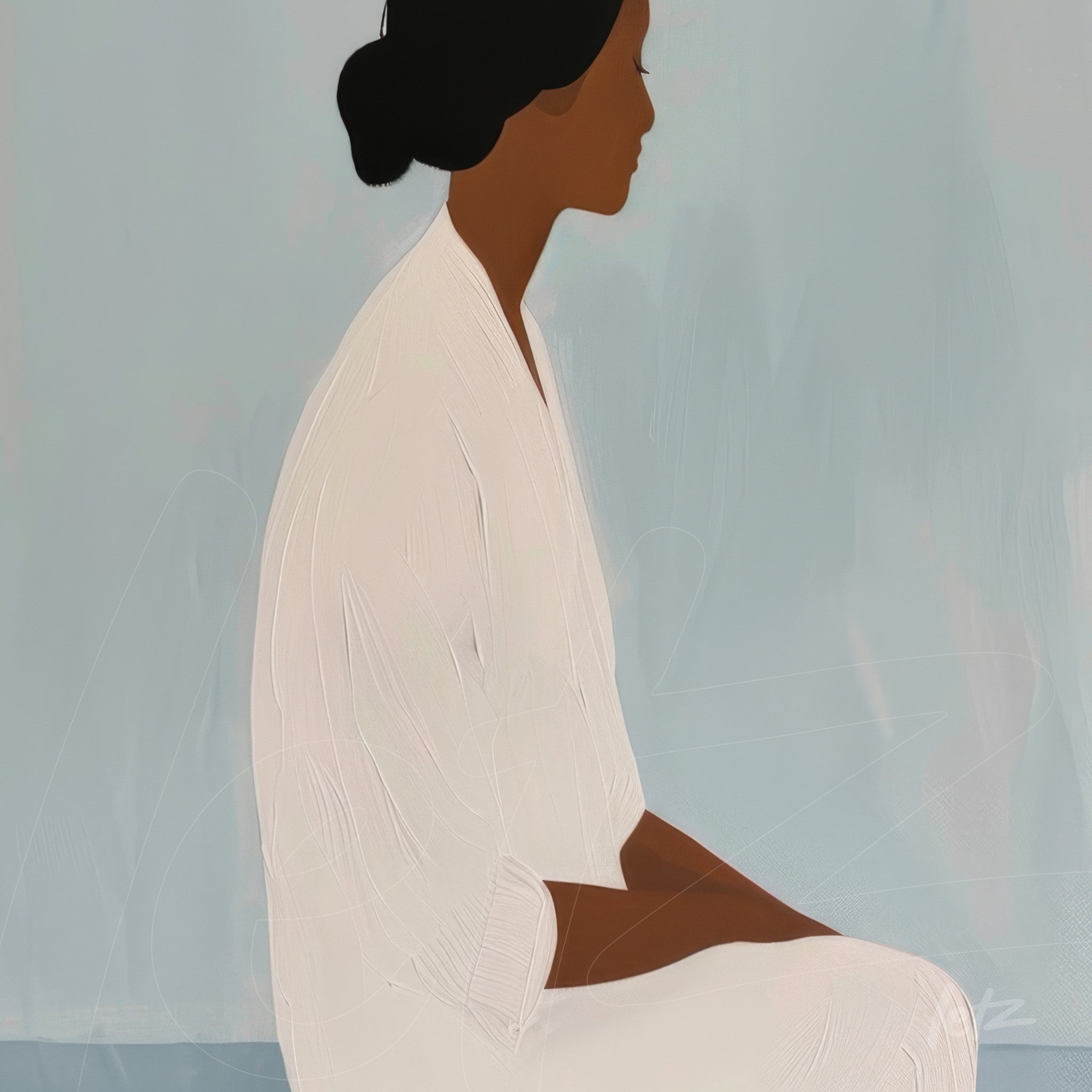 arte digital de perfil de mulher sentada com fundo azul suave