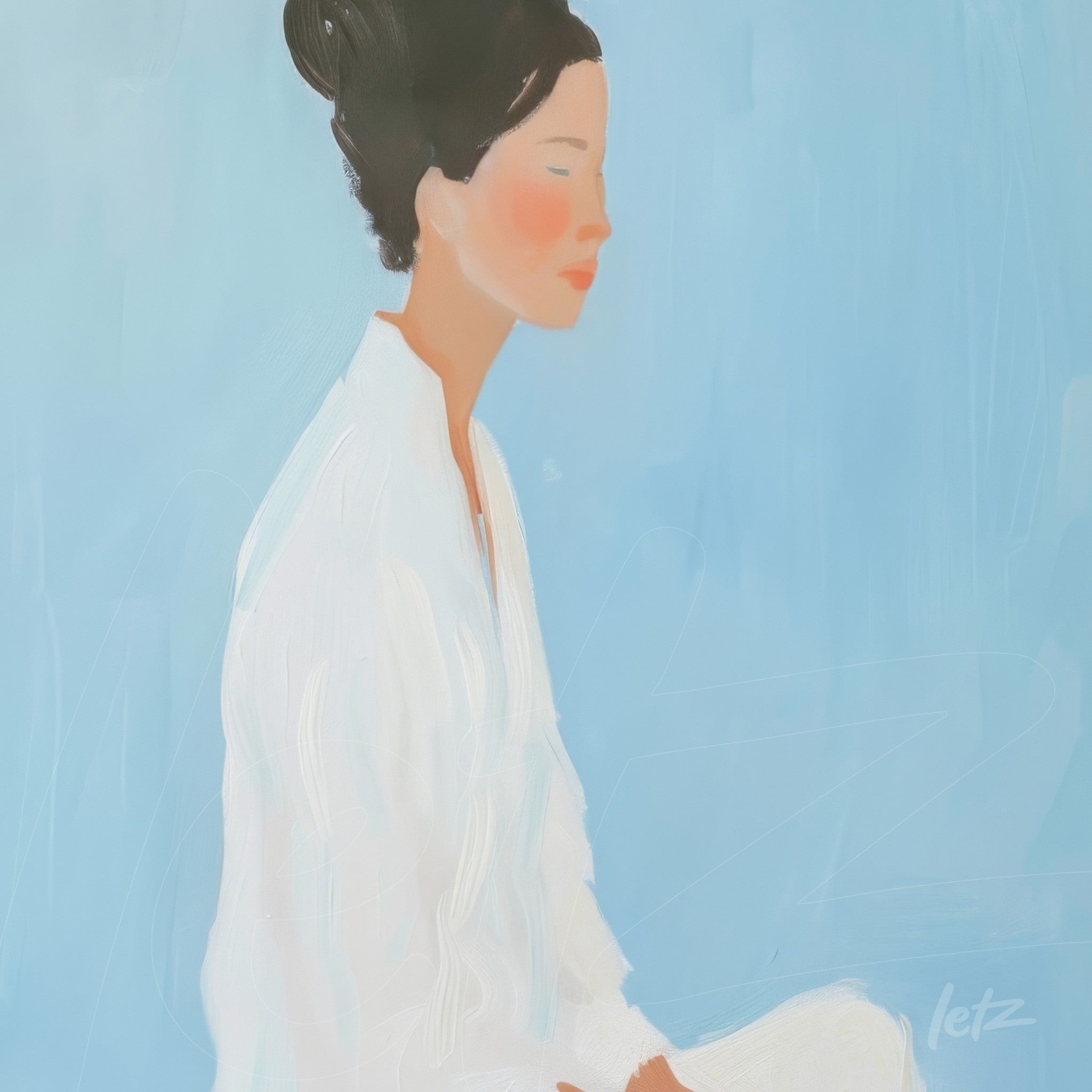 quadro com retrato de mulher de perfil vestindo blusa branca sobre fundo azul claro