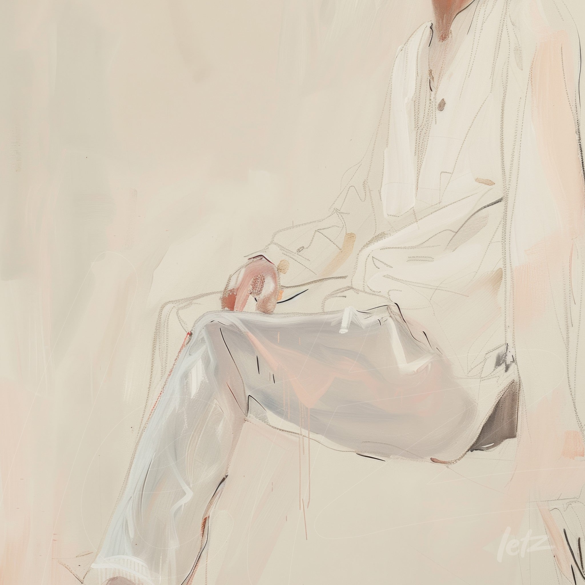 quadro com arte abstrata de figura humana sentada vestindo roupas claras, fundo em tons neutros