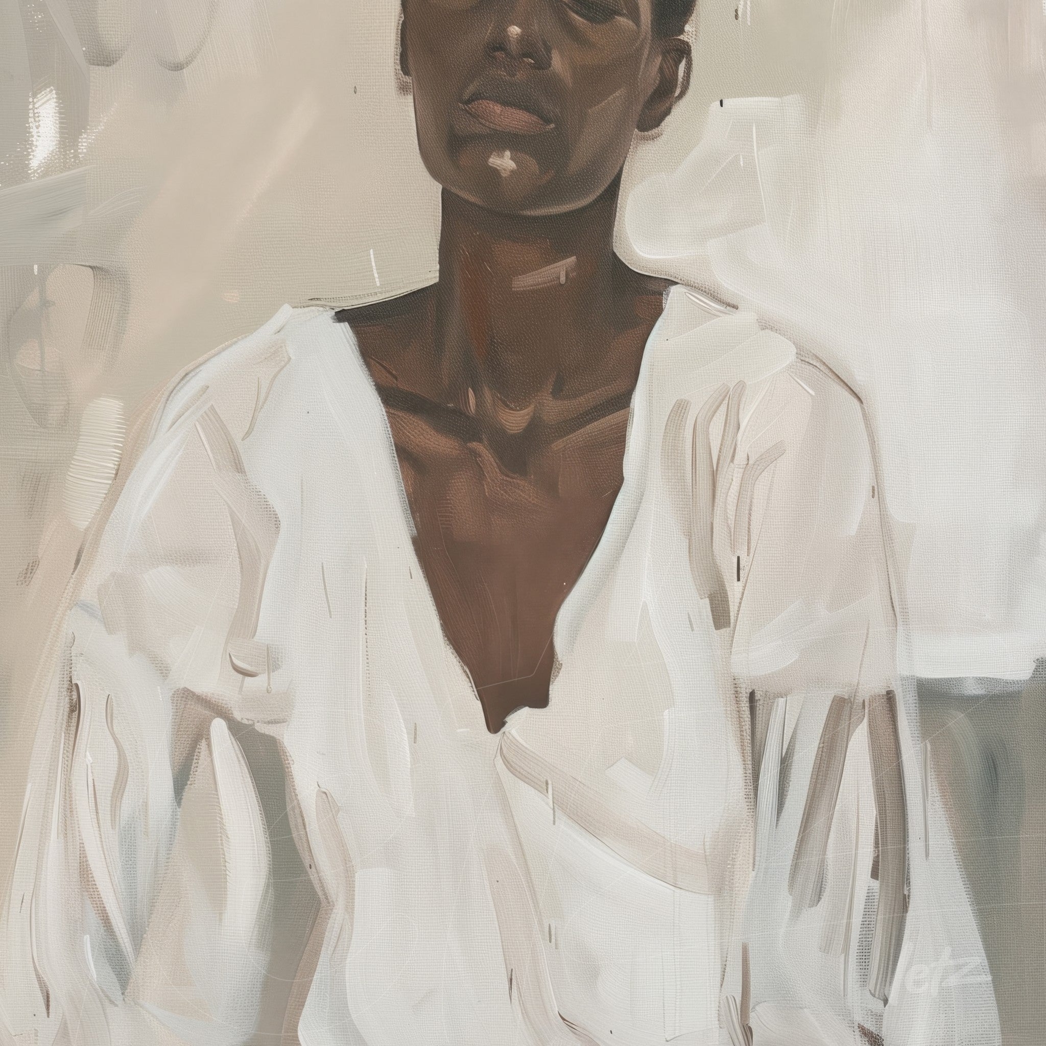 arte digital de retrato feminino com modelo usando blusa branca em fundo claro