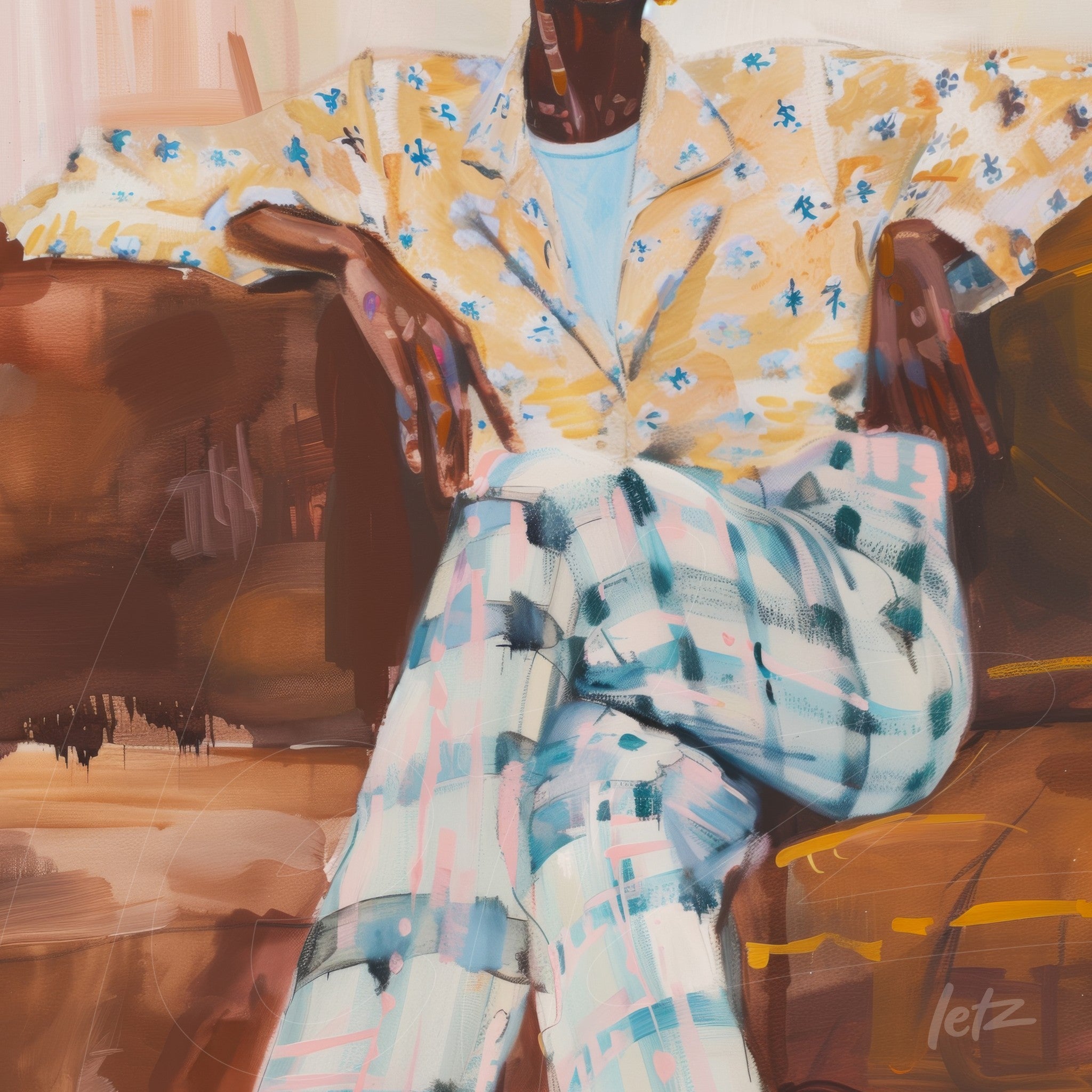 quadro com retrato de homem sentado em sofá, vestindo camisa amarelo com flores e calças xadrez em tons pastéis