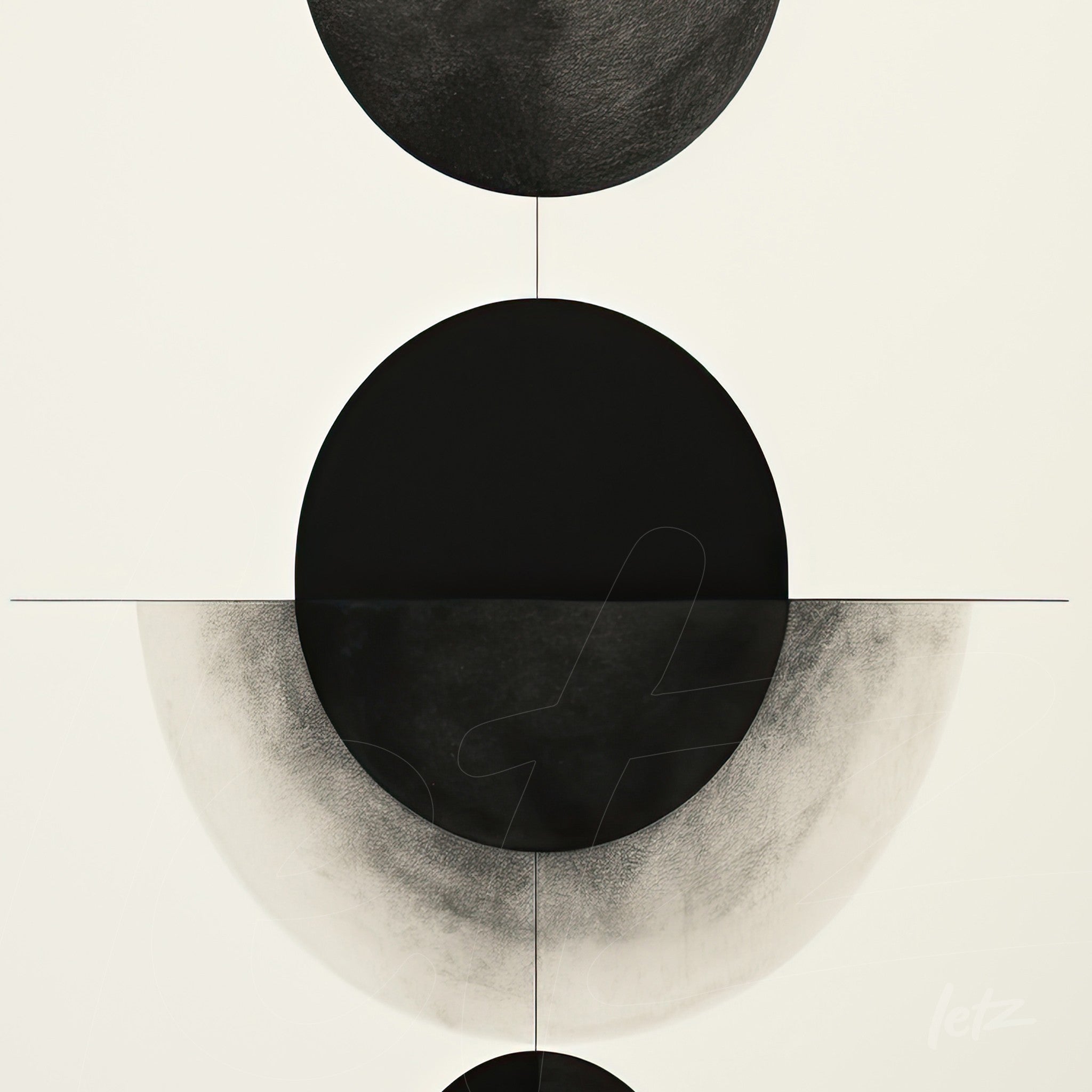 arte abstrata em preto e branco com formas circulares dispostas simetricamente sobre fundo claro
