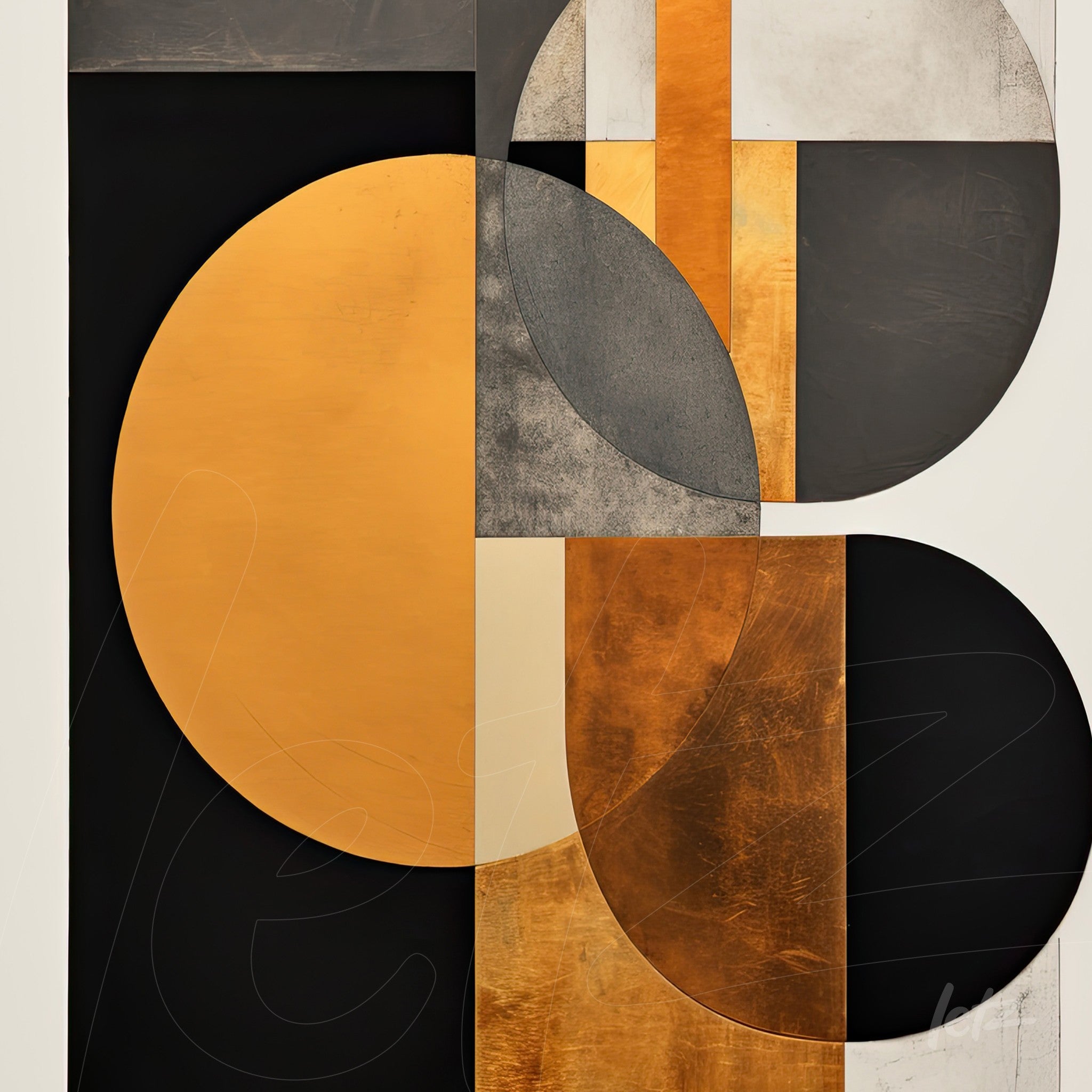 quadro com composição abstrata em tons de preto, dourado e metálico, apresentando formas circulares grandes e texturas variadas