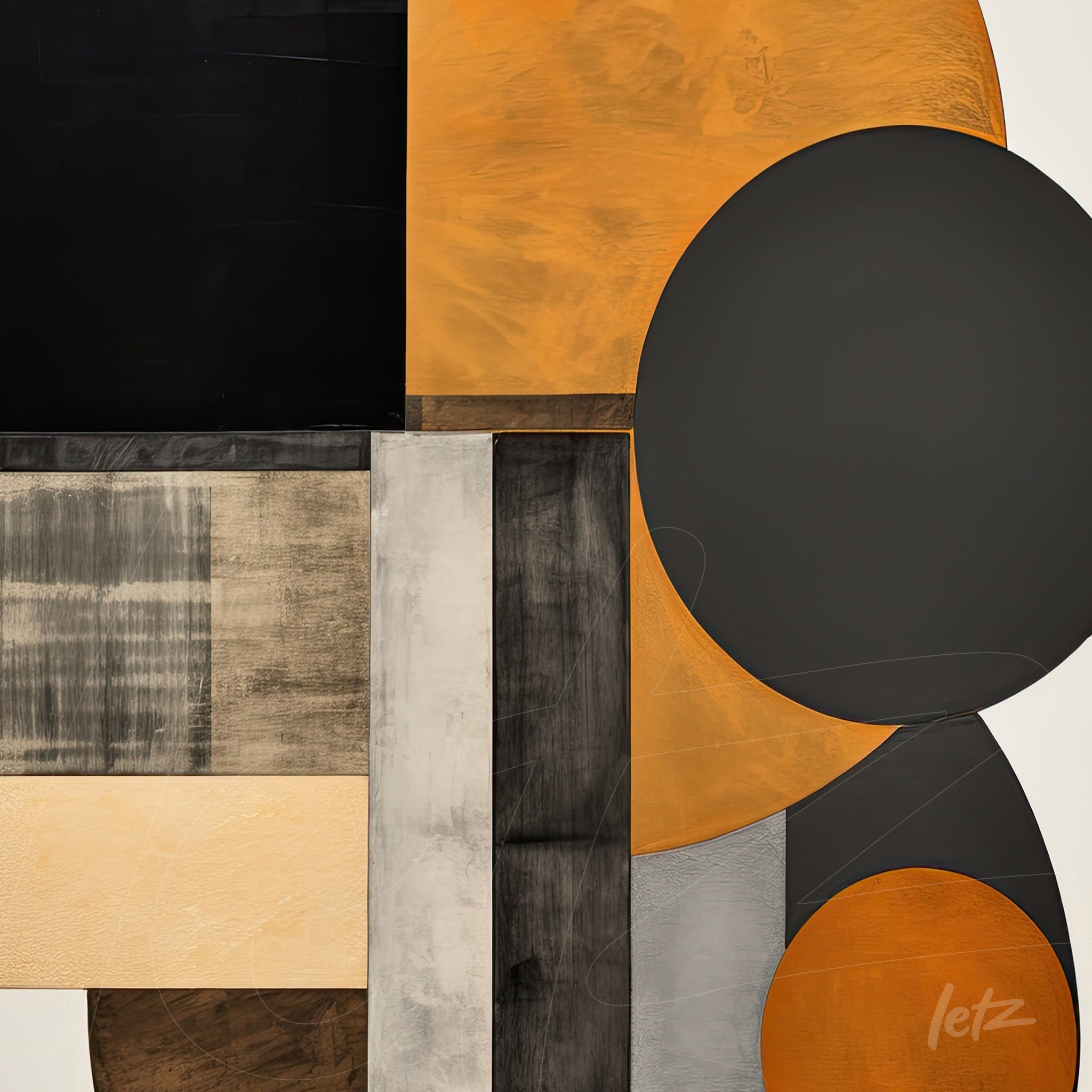 arte abstrata com formas geométricas em preto, laranja e tons de cinza, combinando texturas mate e brilhante