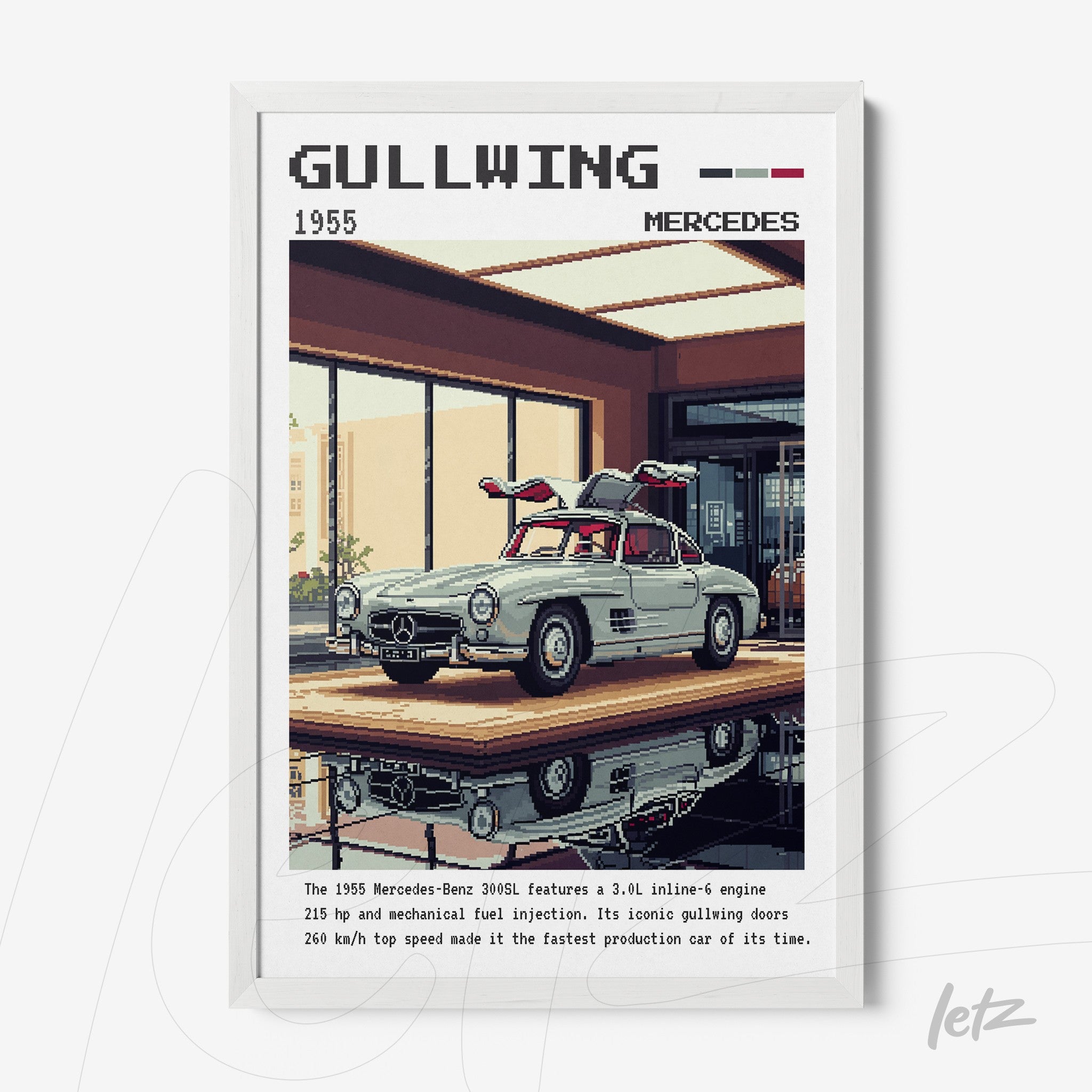 quadro com arte digital do carro Mercedes-Benz 300SL Gullwing em moldura branca, com fundo que simula uma exposição moderna