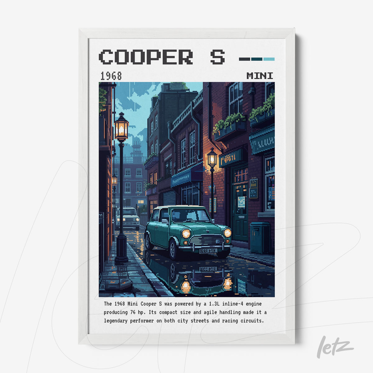 quadro com arte em pixel art de um carro Mini Cooper S em uma rua de paralelepípedos iluminada por lampiões, moldura branca