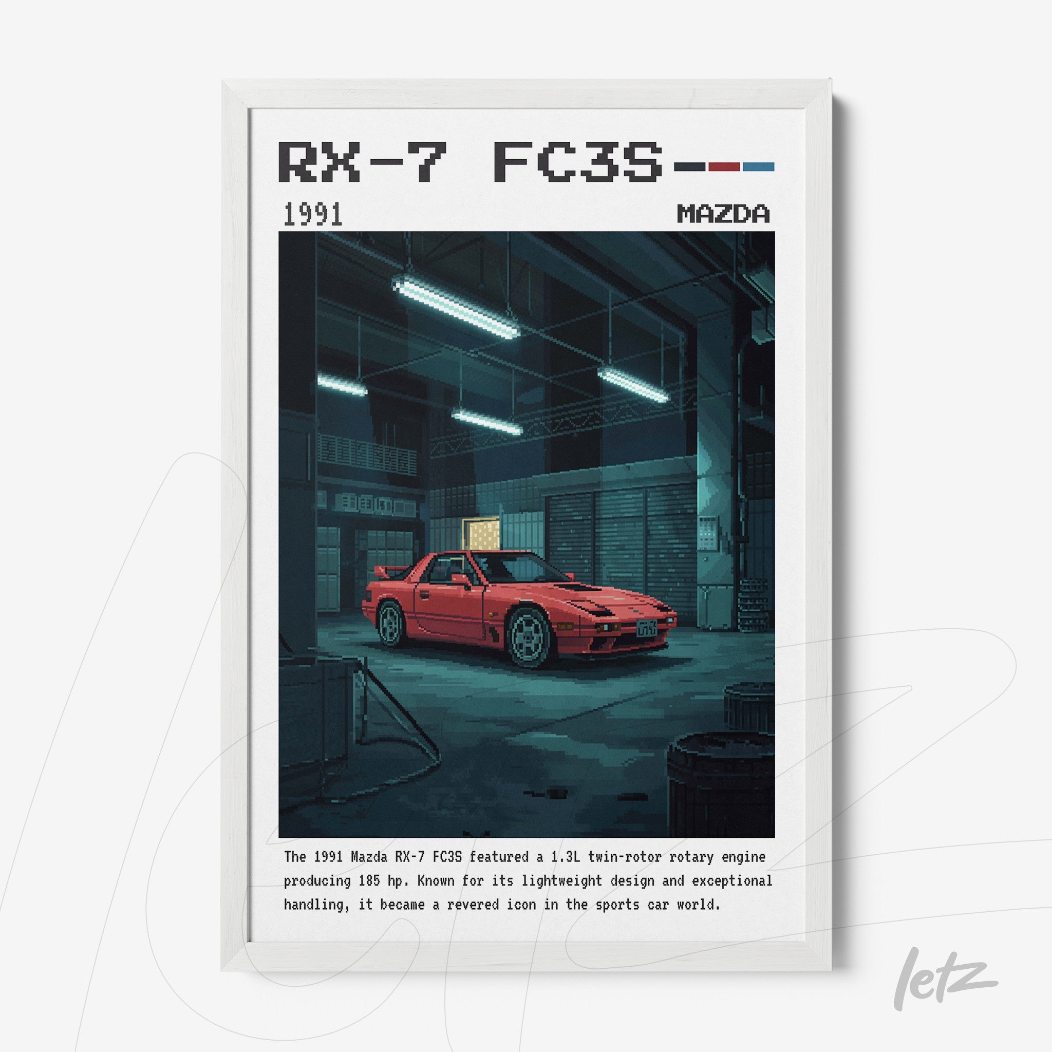quadro com arte digital de um carro Mazda RX-7 FC3S vermelho em ambiente de oficina, moldura branca