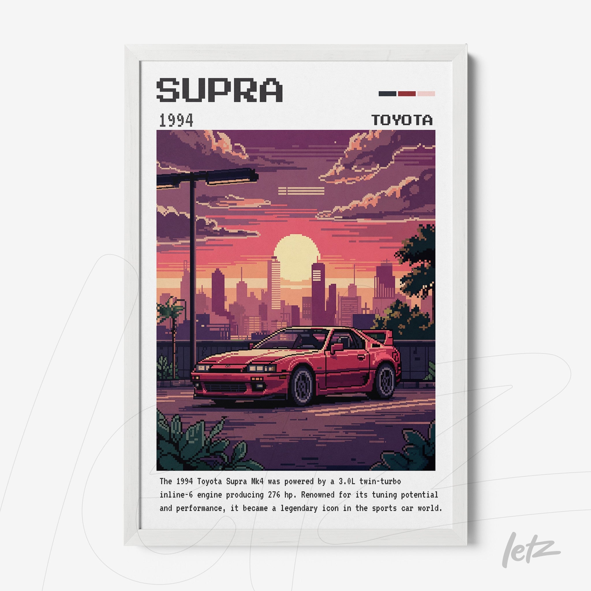 quadro com arte digital retro do carro Toyota Supra 1994 em moldura branca com fundo urbano colorido ao pôr do sol