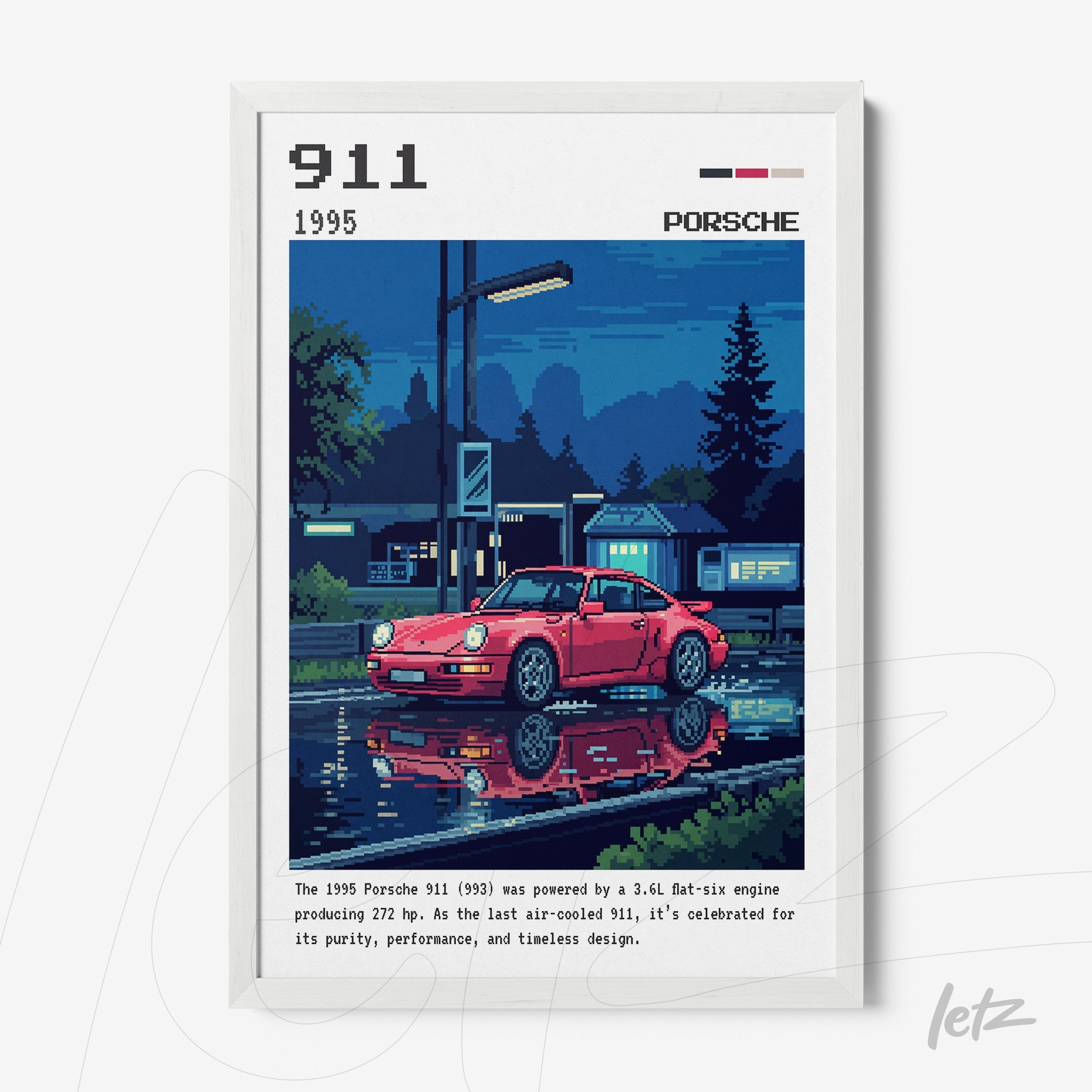 quadro com arte pixelada de um Porsche 911 de 1995 em moldura branca sobre fundo escuro