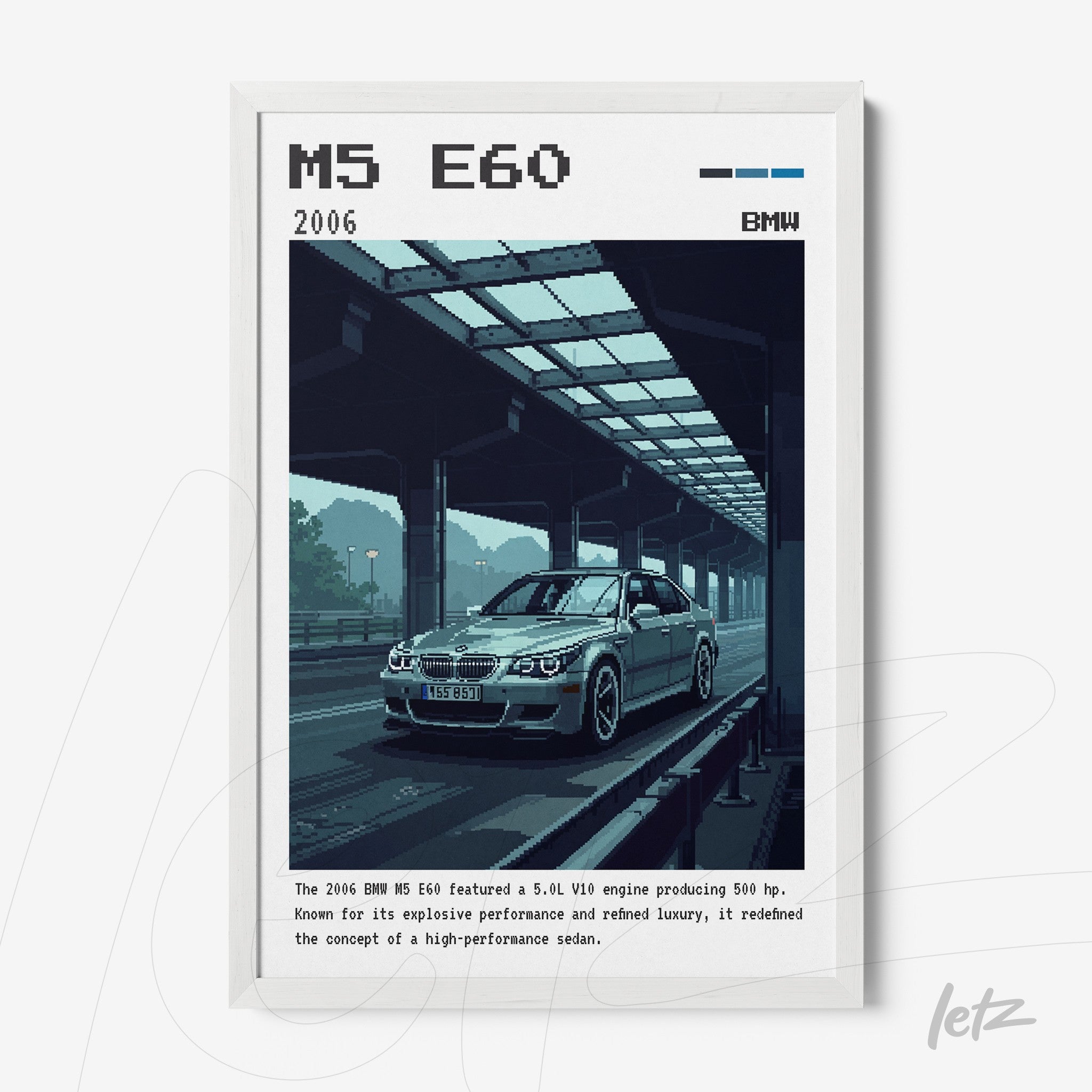quadro com arte pixelada de um carro BMW M5 E60 em moldura branca
