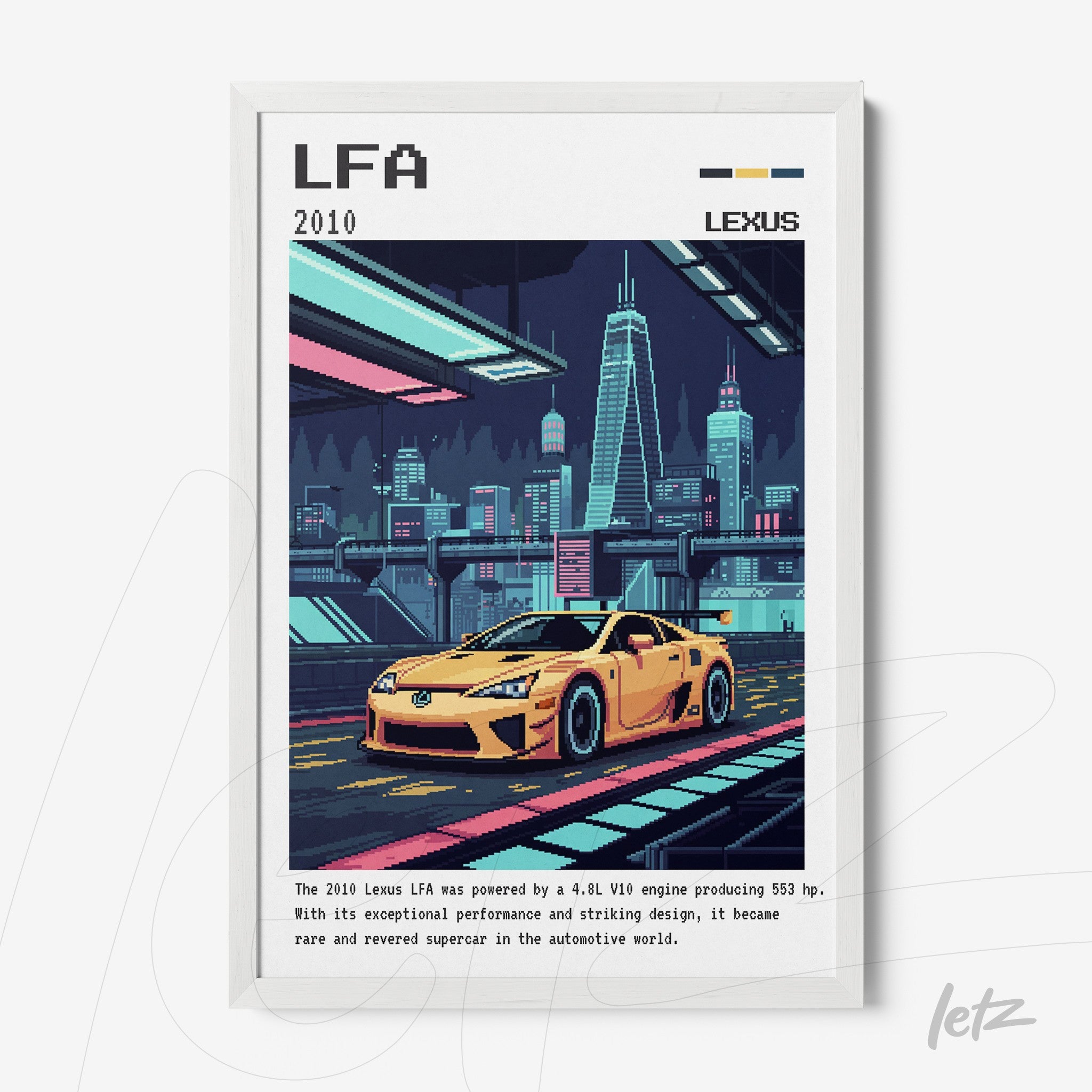quadro com arte digital de carro esportivo Lexus LFA em ambientes urbanos futuristas e moldura branca