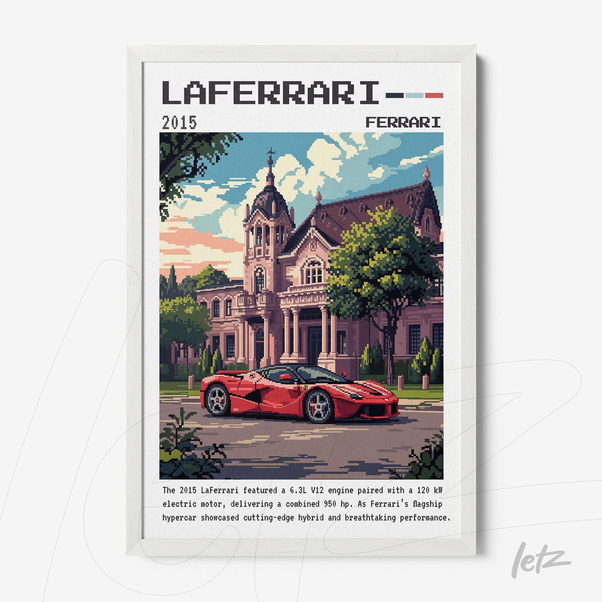 quadro com arte em estilo pixelado retratando um carro Laferrari em frente a uma mansão, moldura branca
