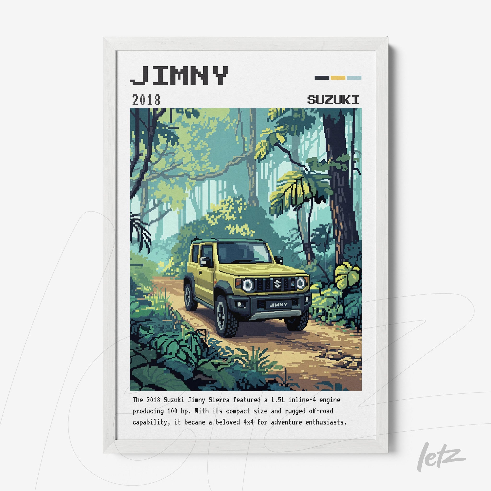 quadro com arte pixelada de um carro amarelo Suzuki Jimny em meio à floresta tropical com moldura branca