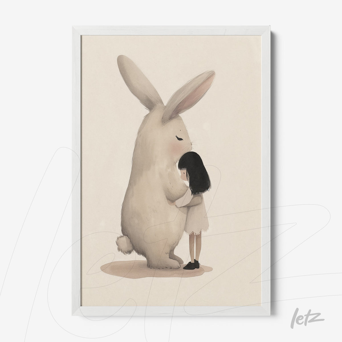 quadro com ilustração delicada de uma menina abraçando um coelho grande em moldura branca