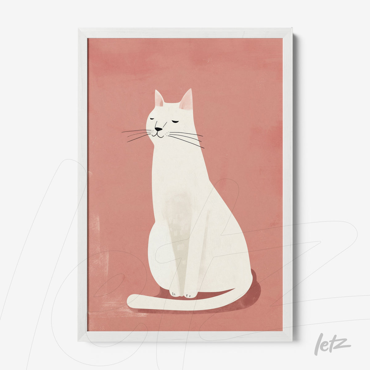 quadro com ilustração de gato branco sobre fundo rosa em moldura branca