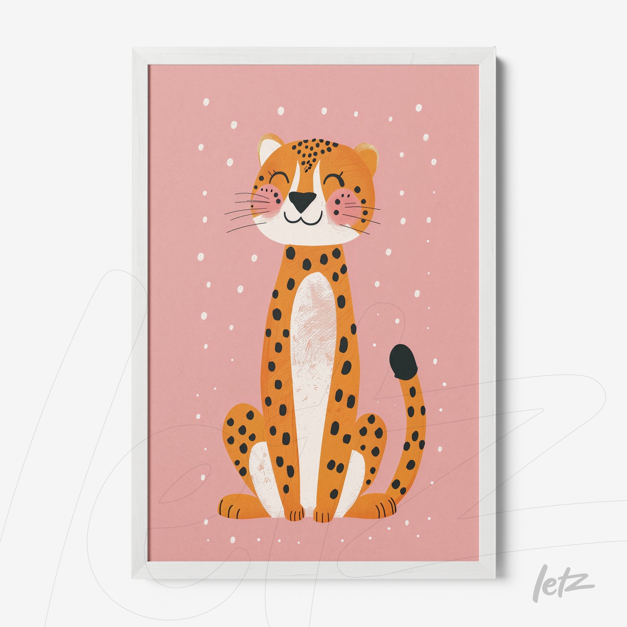 quadro com ilustração artística de um leopardo sorridente sobre fundo rosa, moldura branca