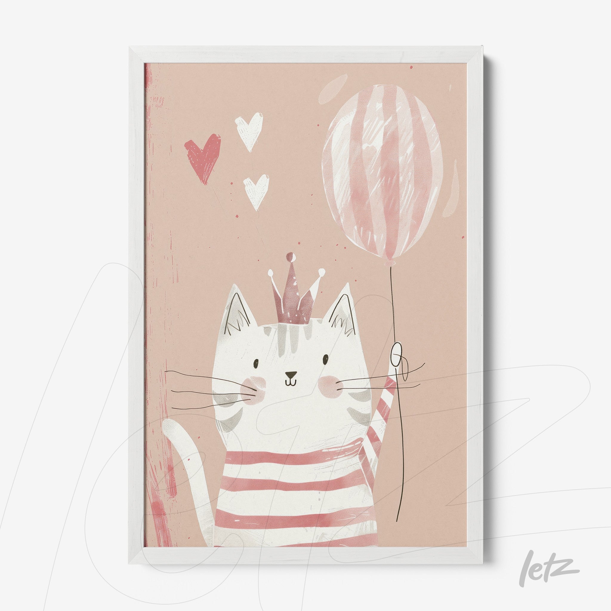 quadro com ilustração de gato festivo segurando balão, fundo rosa claro com corações