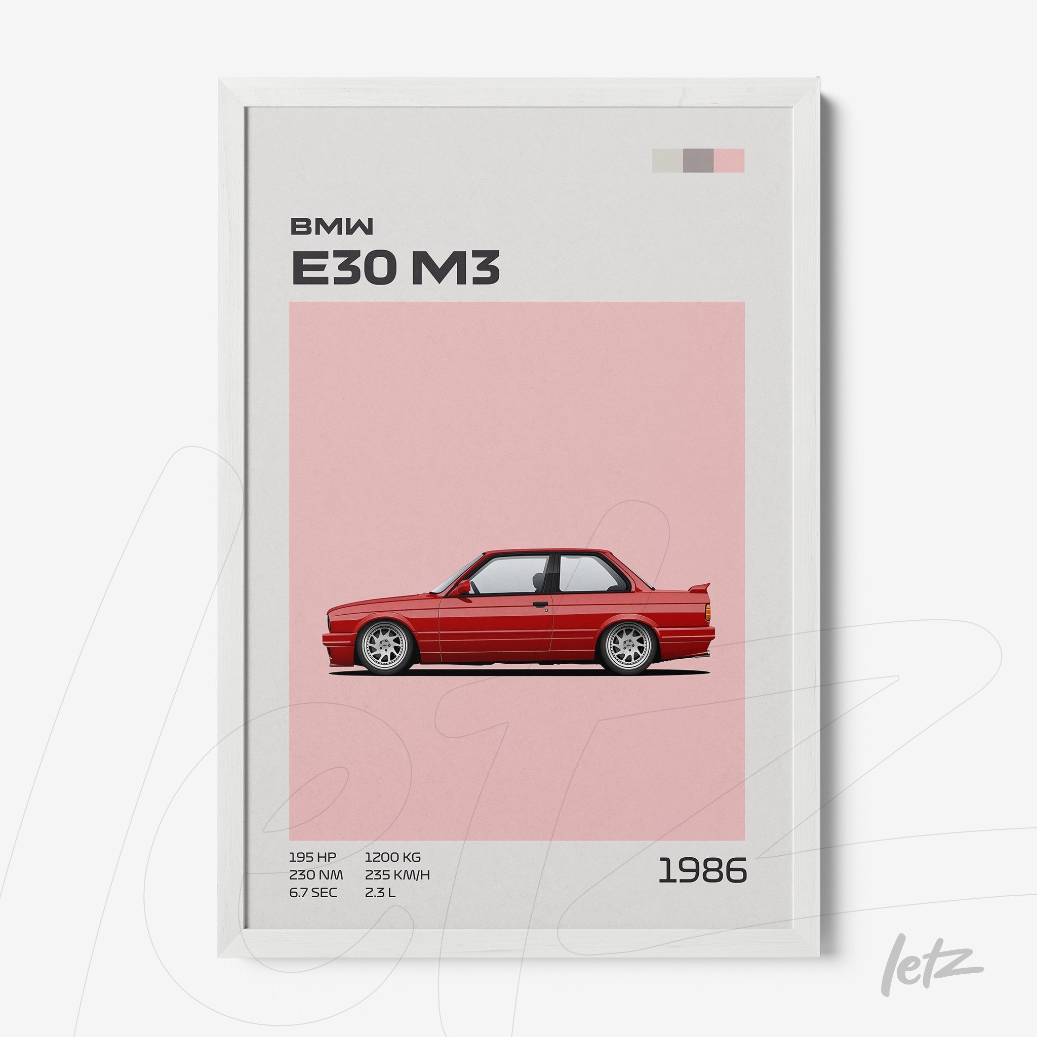 quadro com ilustração minimalista do carro BMW E30 M3 em fundo rosa e moldura branca