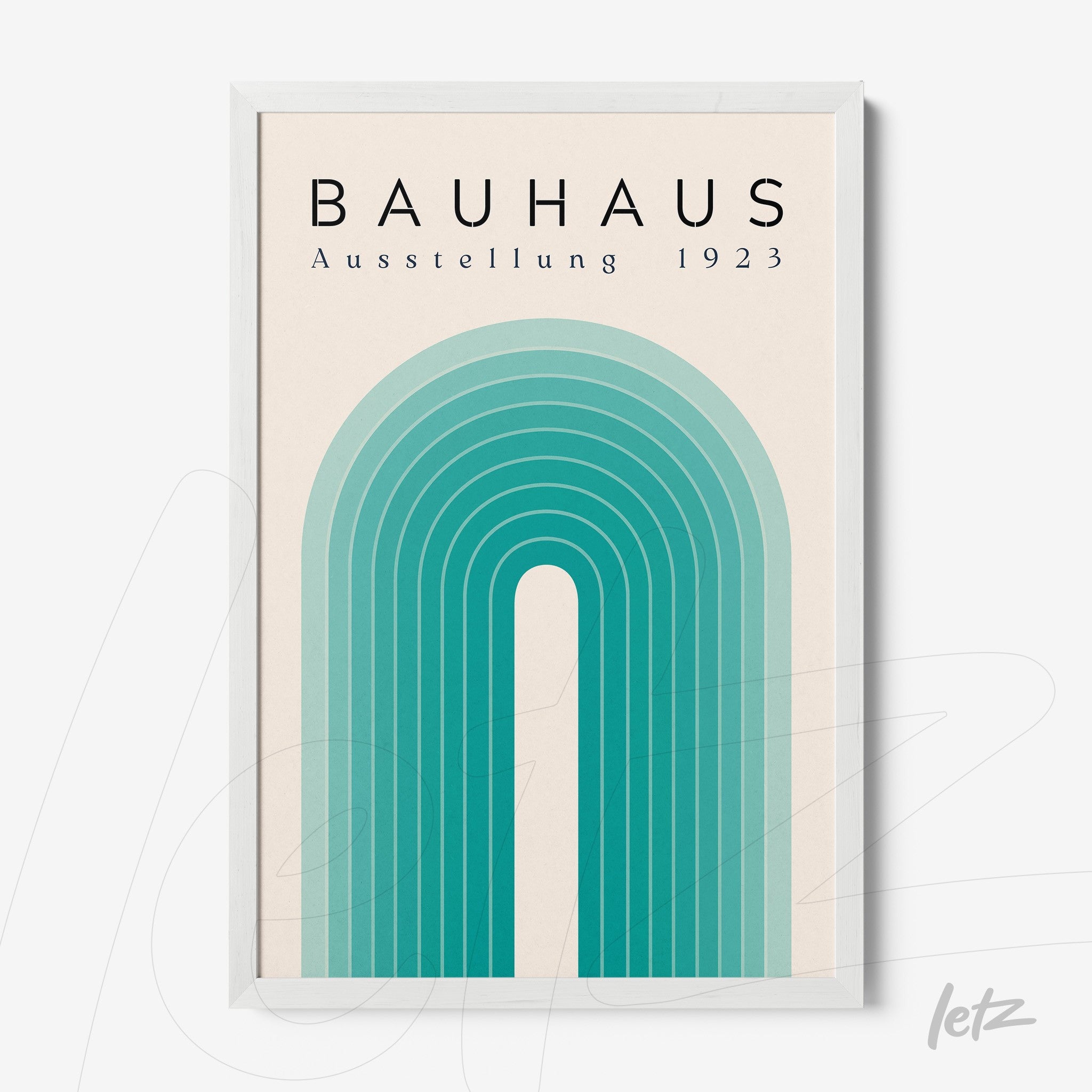 poster impresso com design geométrico em tons de azul inspirado no estilo Bauhaus com moldura branca