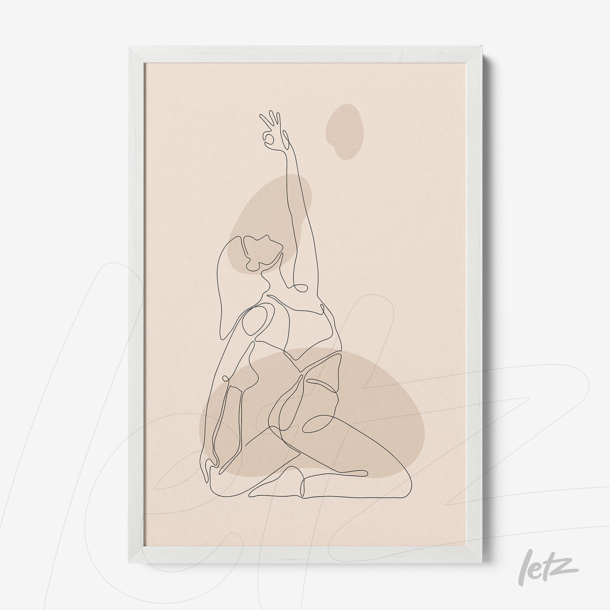 arte minimalista de linha única com figura humana em posição de yoga com moldura branca