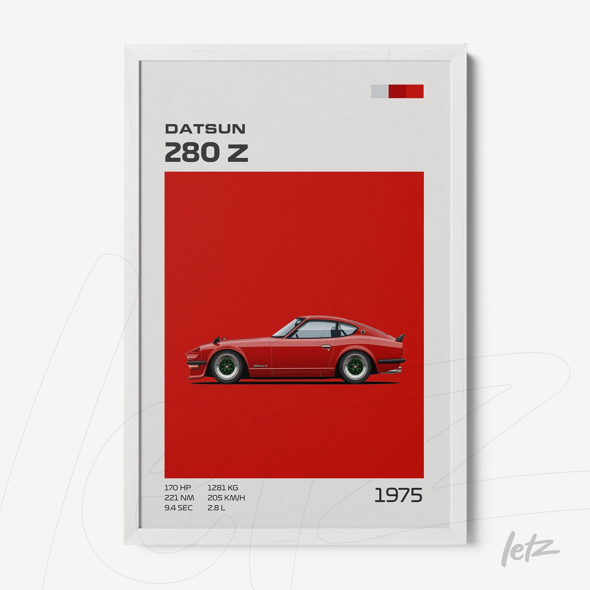 quadro com arte minimalista do carro Datsun 280 Z em fundo vermelho vibrante e moldura branca