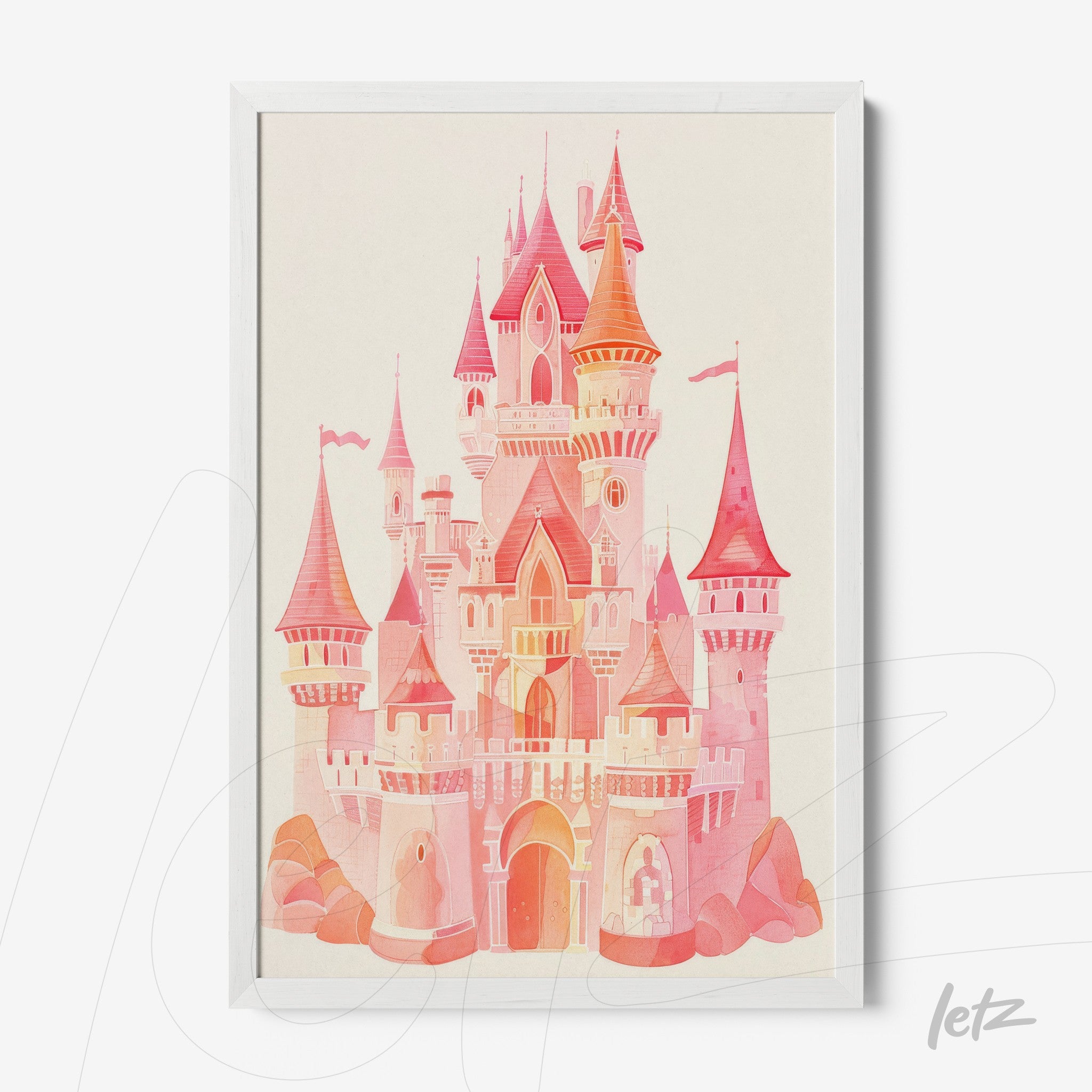 quadro com ilustração de castelo colorido em tons de rosa e laranja com moldura branca