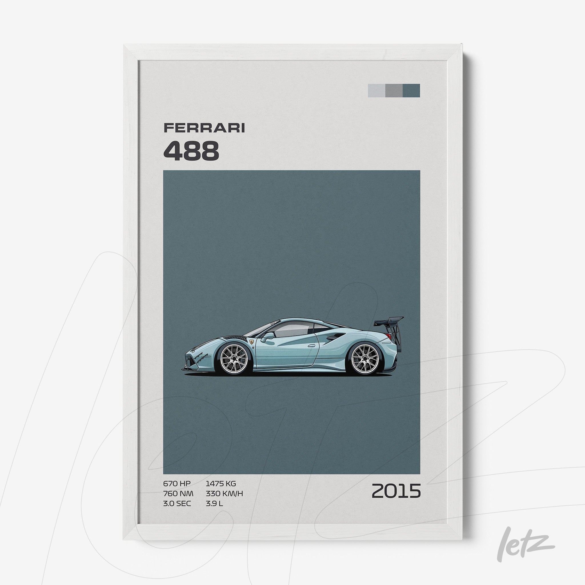 quadro com ilustração minimalista do carro esportivo Ferrari 488 em moldura branca com fundo azul