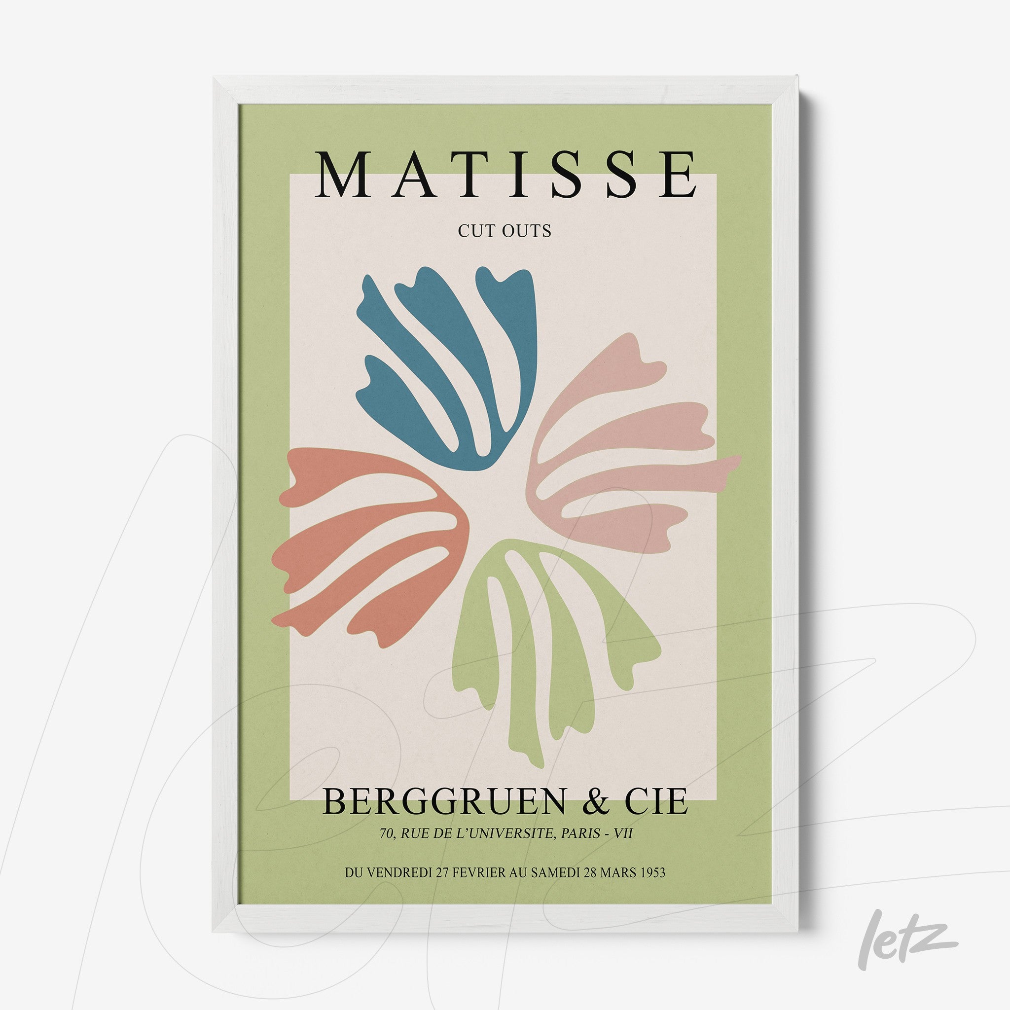 quadro com arte em estilo moderno inspirado em Matisse, apresentando formas orgânicas coloridas em fundo verde claro com moldura branca