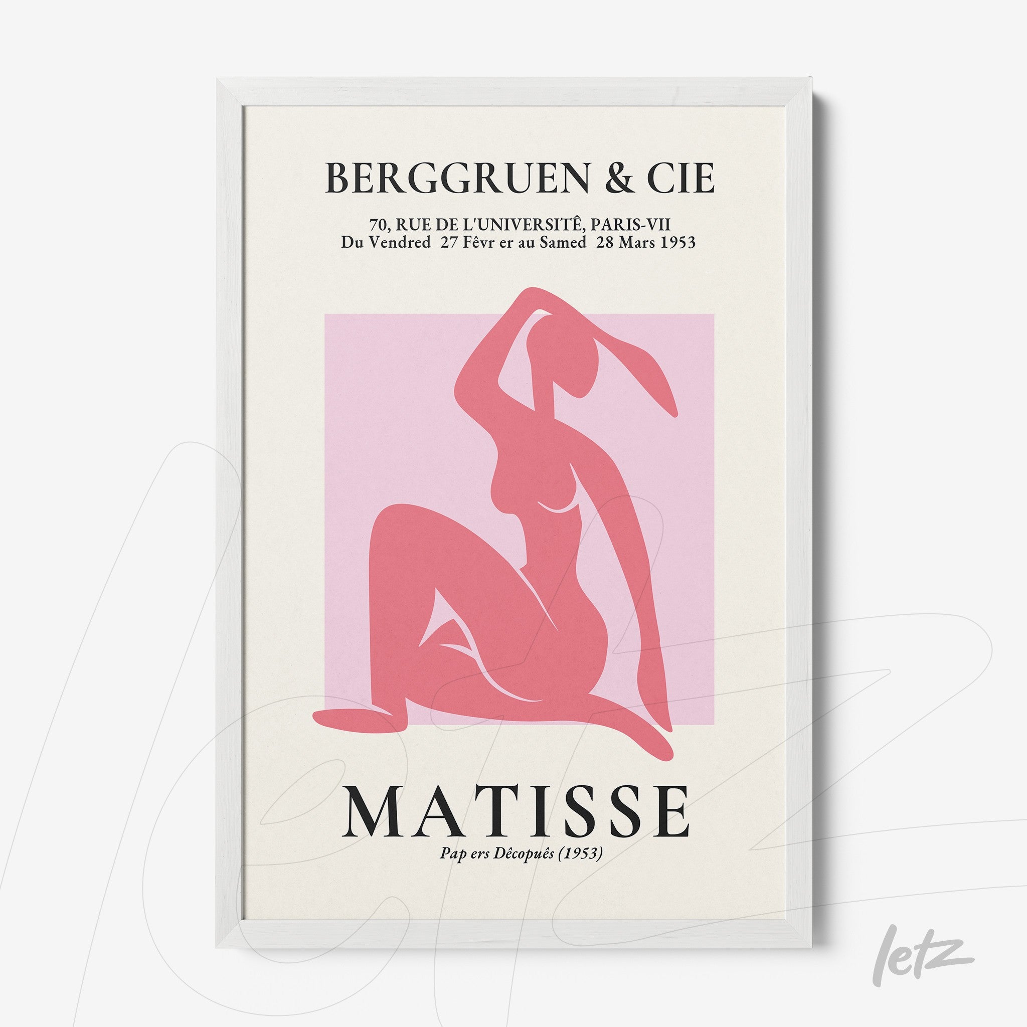 quadro com arte de Matisse em moldura branca, destacando figura feminina em tons de rosa com fundo claro e texto minimalista
