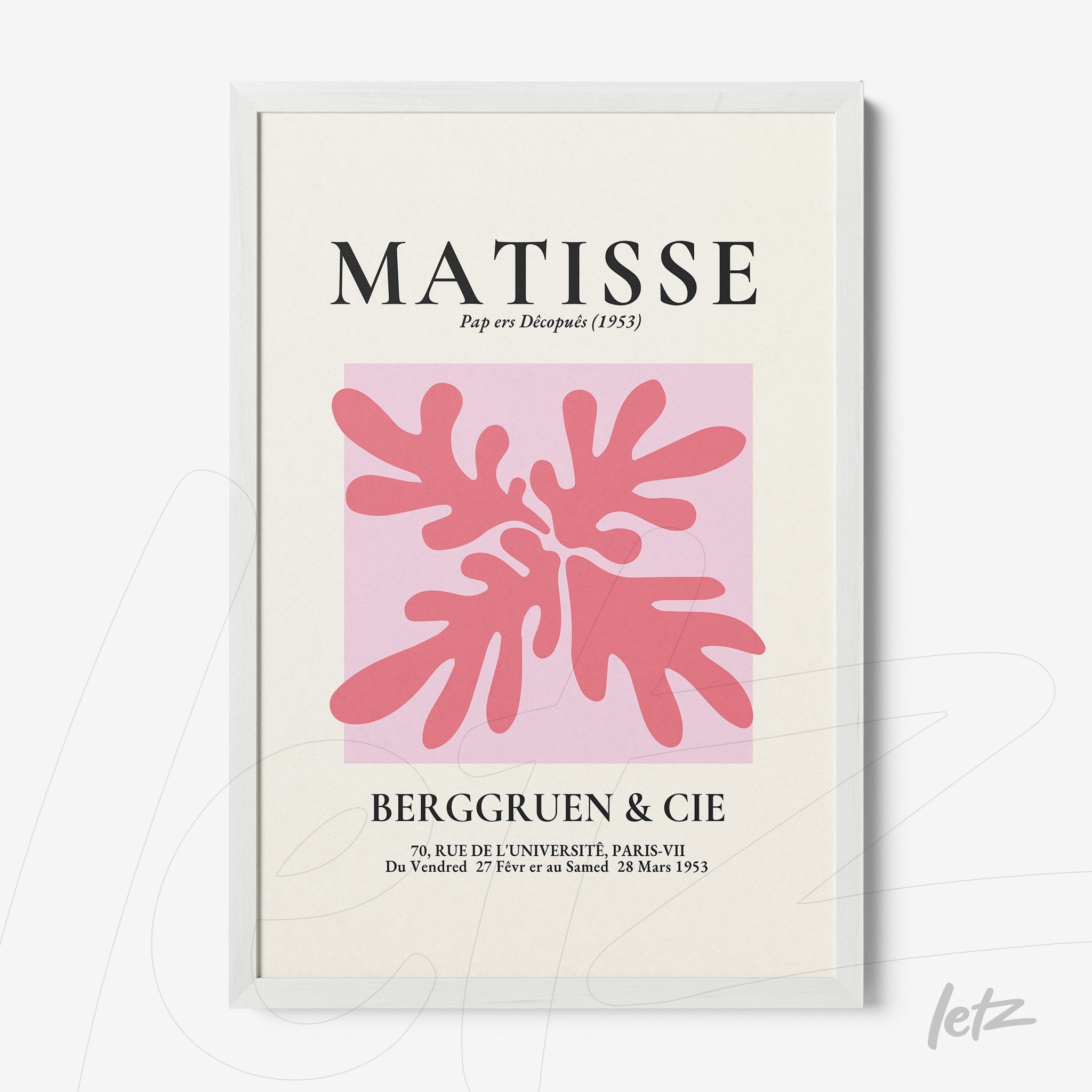 quadro com arte moderna de Matisse em moldura branca fina, apresentando formas abstratas em rosa sobre fundo pink