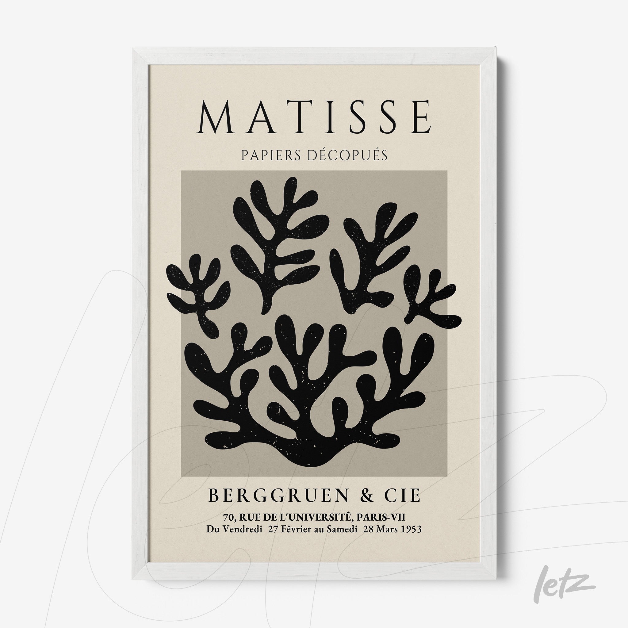 quadro com arte recortada em preto e branco inspirado em Matisse, com moldura branca