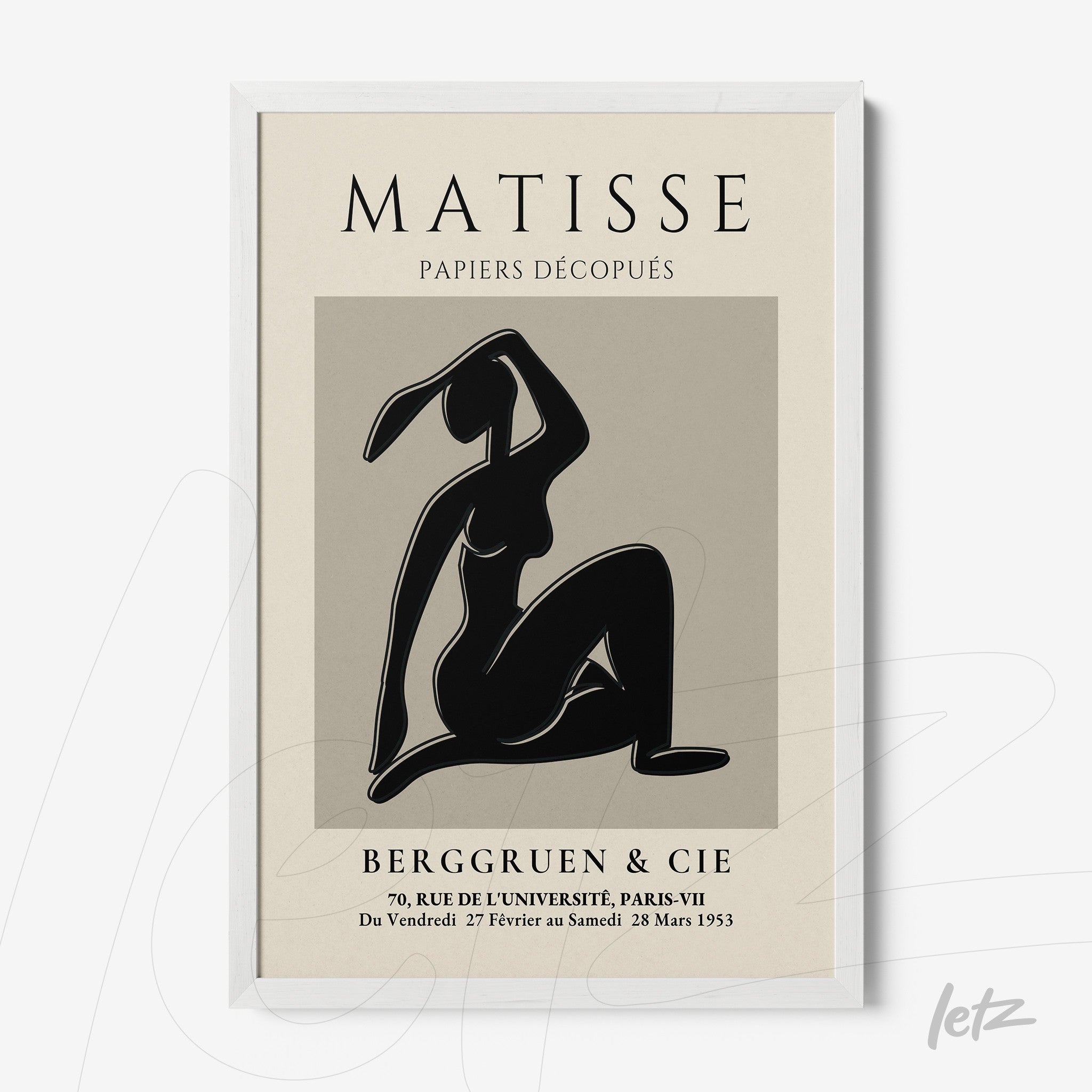 quadro com arte do artista Matisse apresentando uma figura feminina em silhueta sobre fundo cinza, em moldura branca