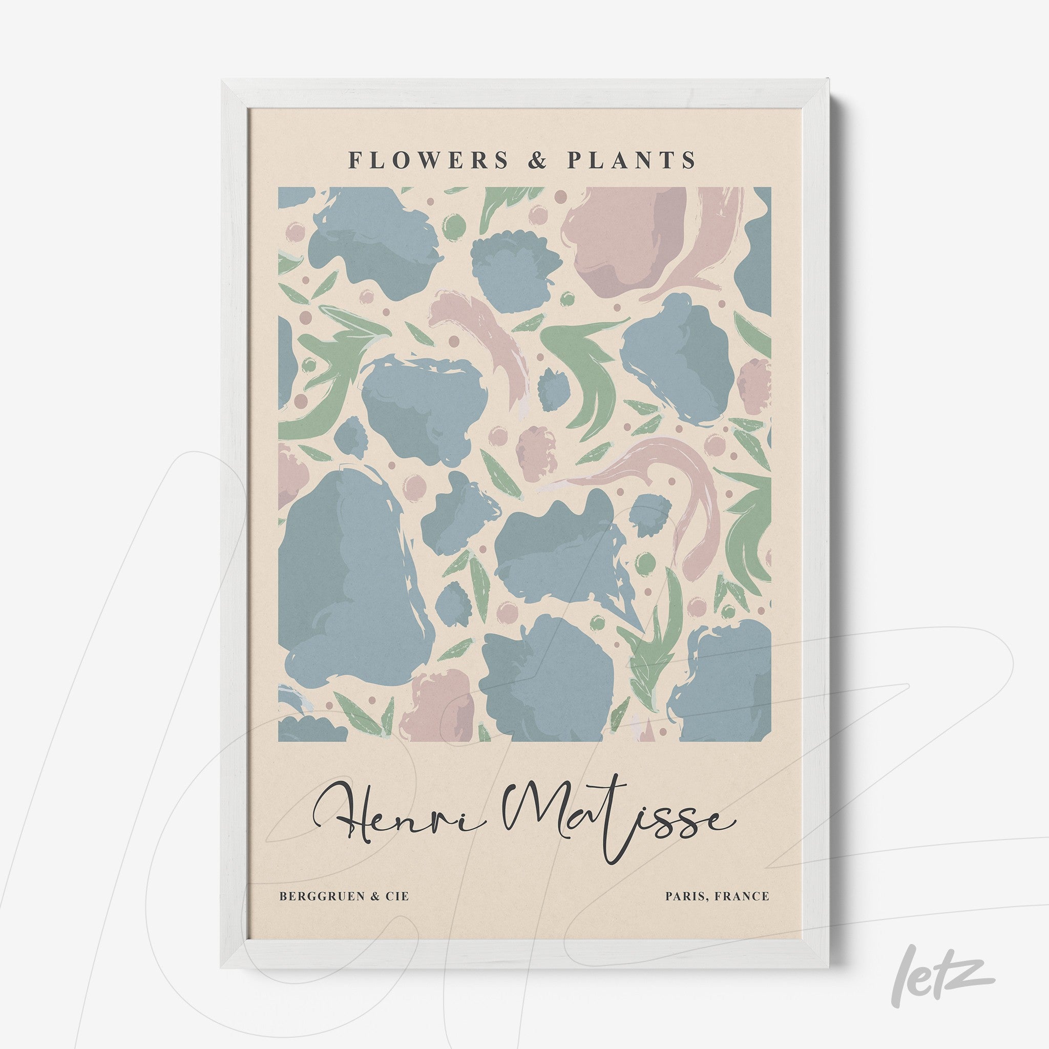 quadro com arte de plantas e flores em moldura branca, estilo moderno com cores suaves e texto elegante