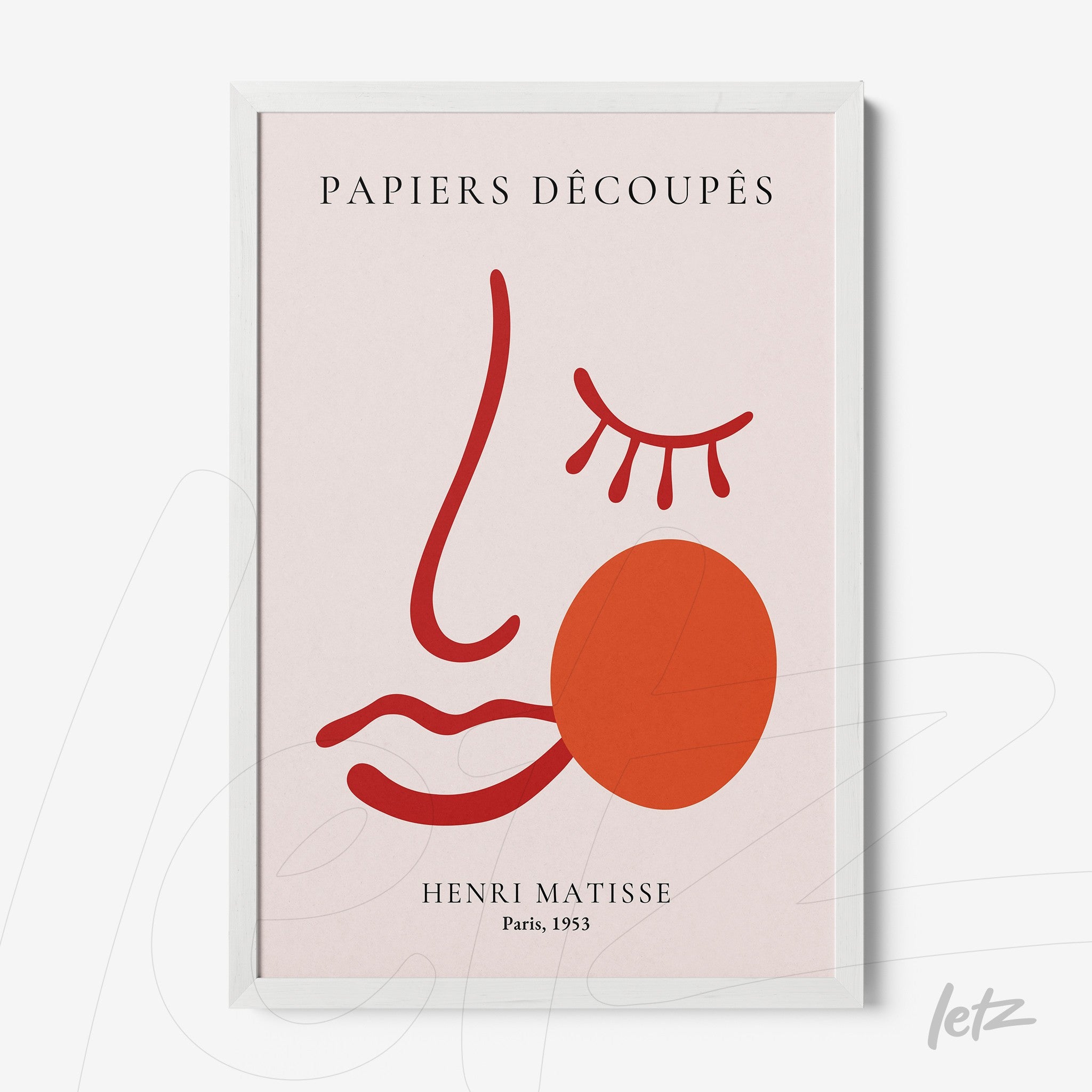 quadro com arte abstrata inspirada em Henri Matisse, apresentando rosto estilizado em fundo rosa claro com moldura branca