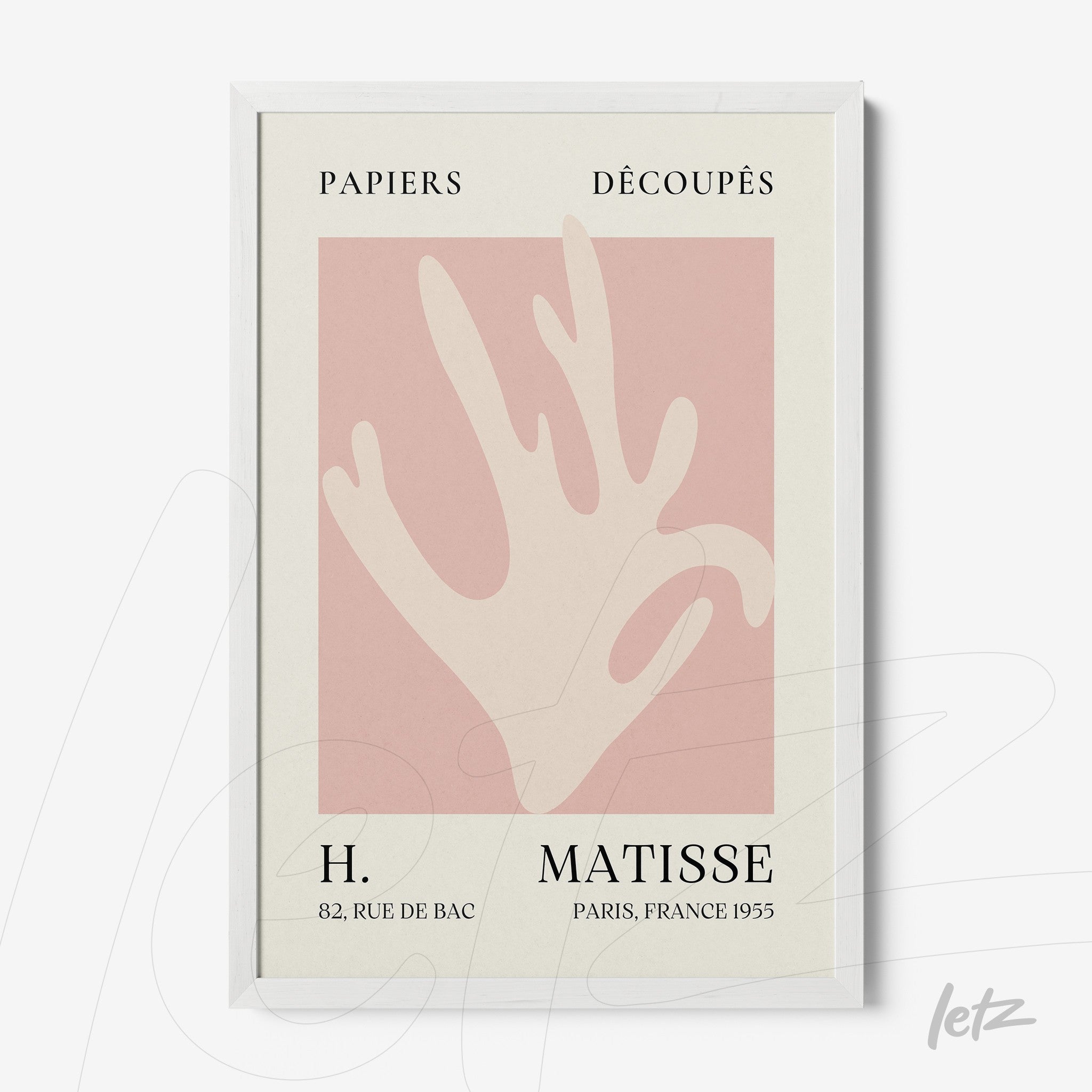 quadro em estilo moderno com fundo rosa e mão estilizada em tons claros, moldura branca