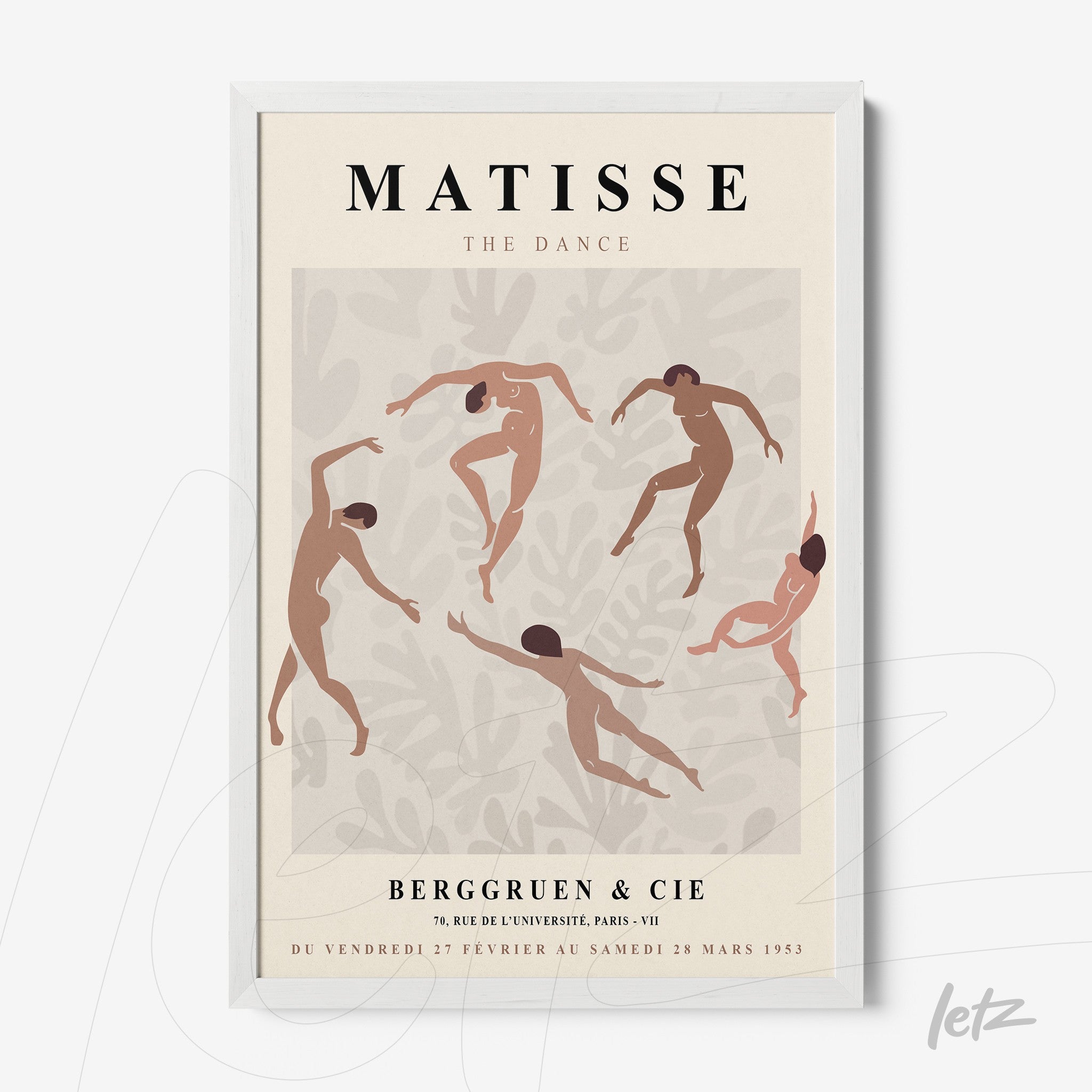 quadro com arte moderna estilizada de dançarinos em fundo bege, moldura branca fina