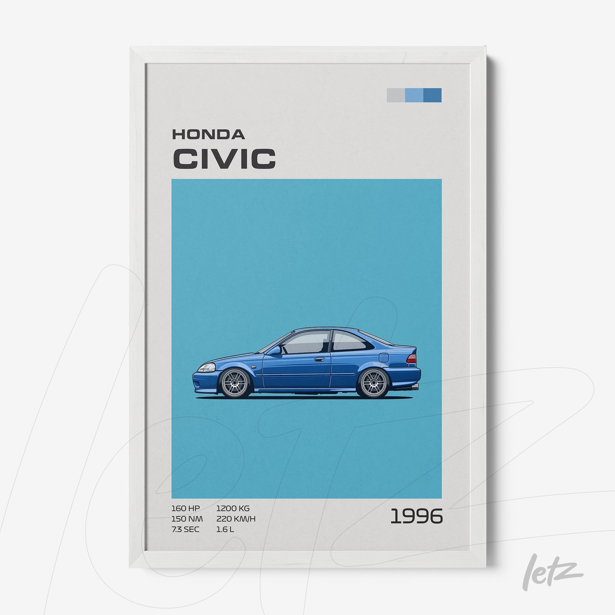 quadro com arte ilustrativa de um Honda Civic 1996 em fundo azul, moldura branca