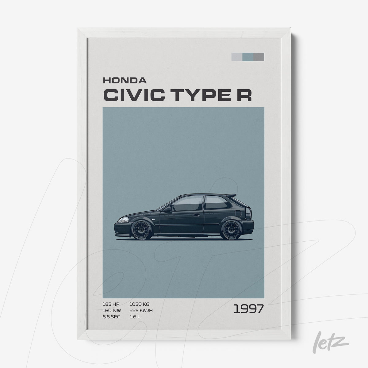 quadro com ilustração do Honda Civic Type R de 1997 em moldura branca, apresentando informações técnicas e um fundo azul claro