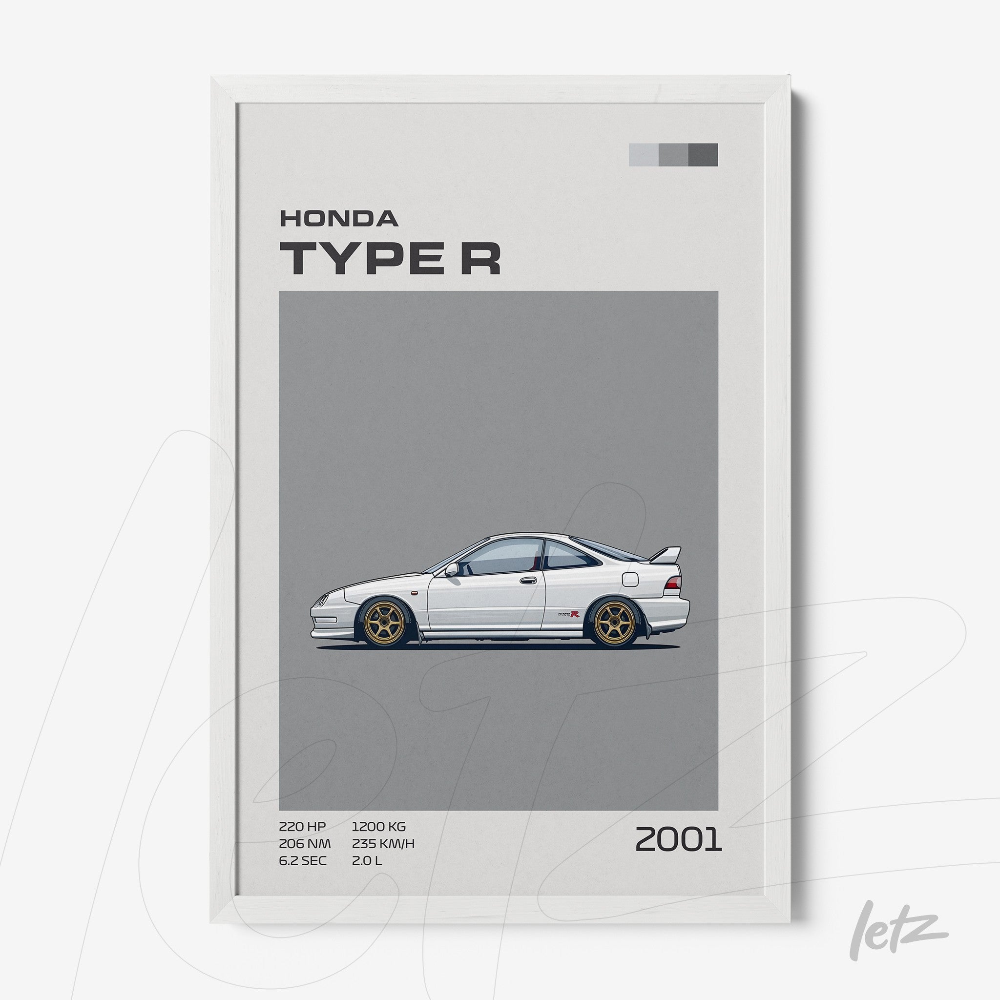 quadro com ilustração minimalista do carro Honda Type R de 2001 em moldura branca