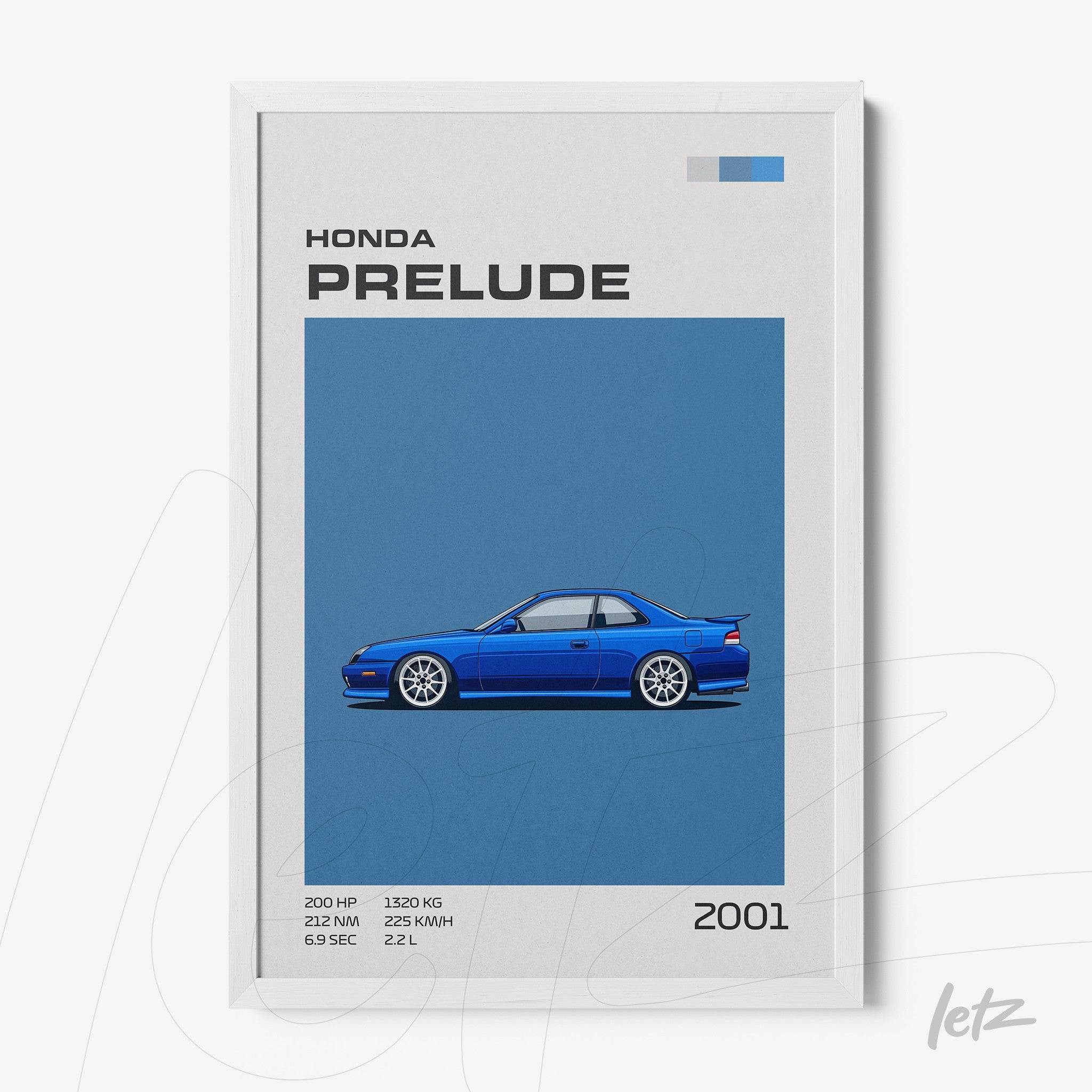 quadro com ilustração do Honda Prelude de 2001 em fundo azul, moldura branca