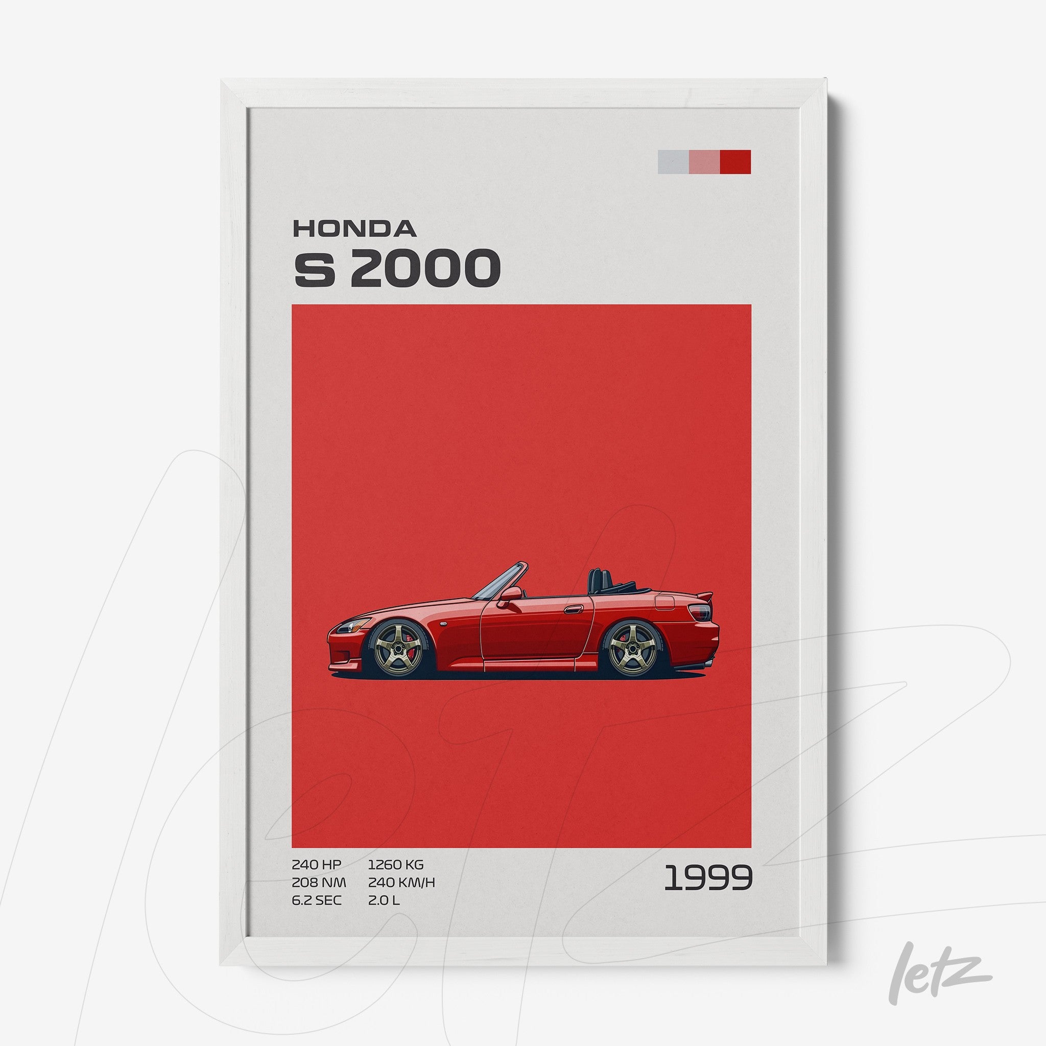 quadro com ilustração estilizada do carro Honda S2000 em fundo vermelho com moldura branca