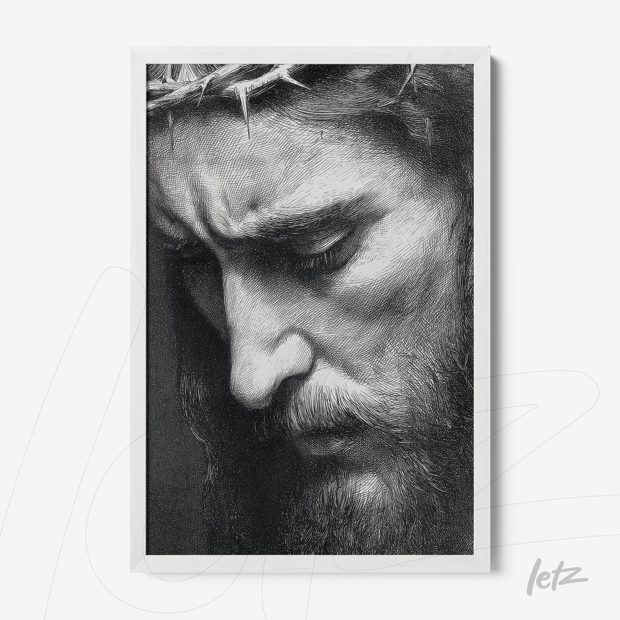 quadro com retrato em preto e branco de uma figura masculina com expressão de tristeza, moldura branca