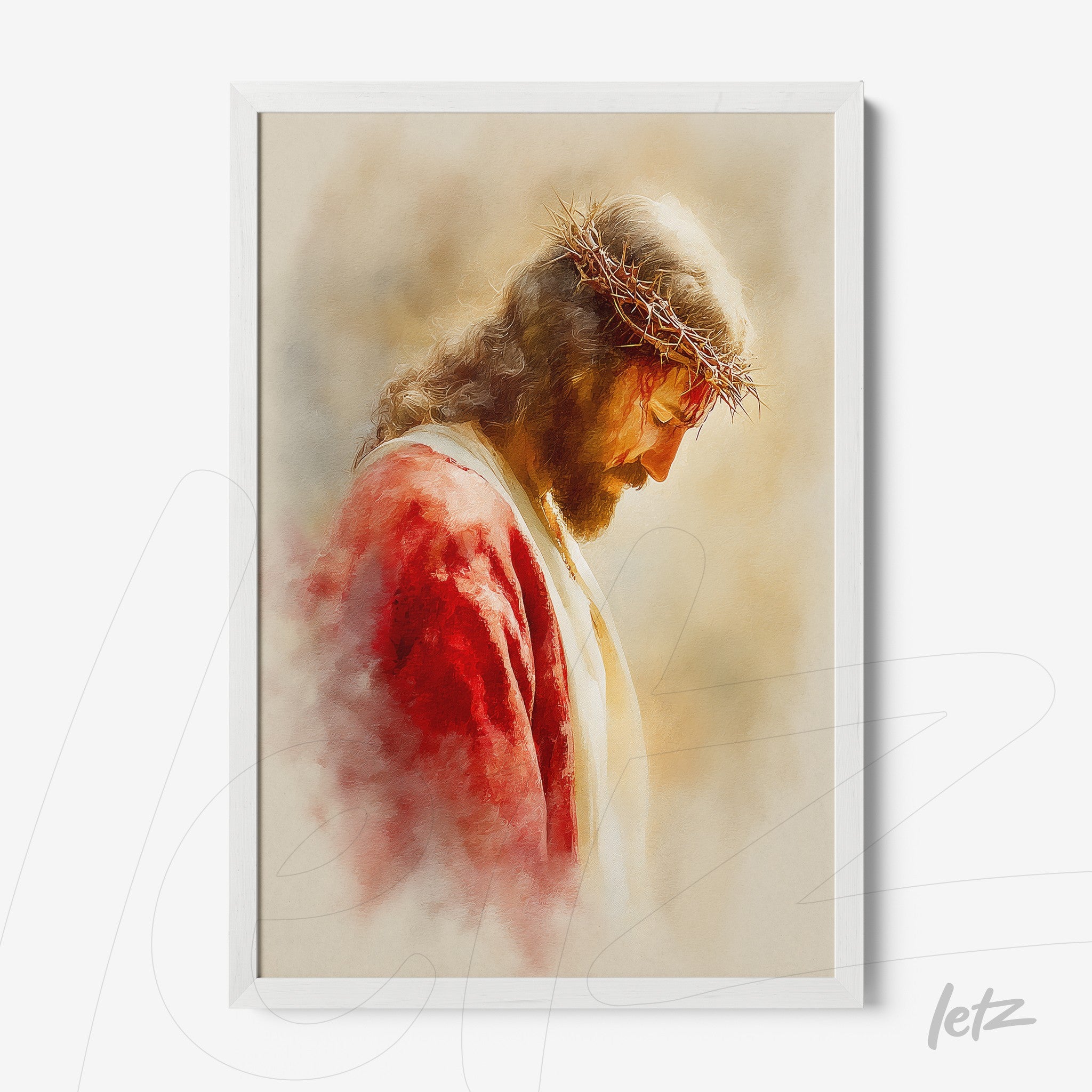 quadro com arte sacra retratando Jesus com coroa de espinhos em moldura branca