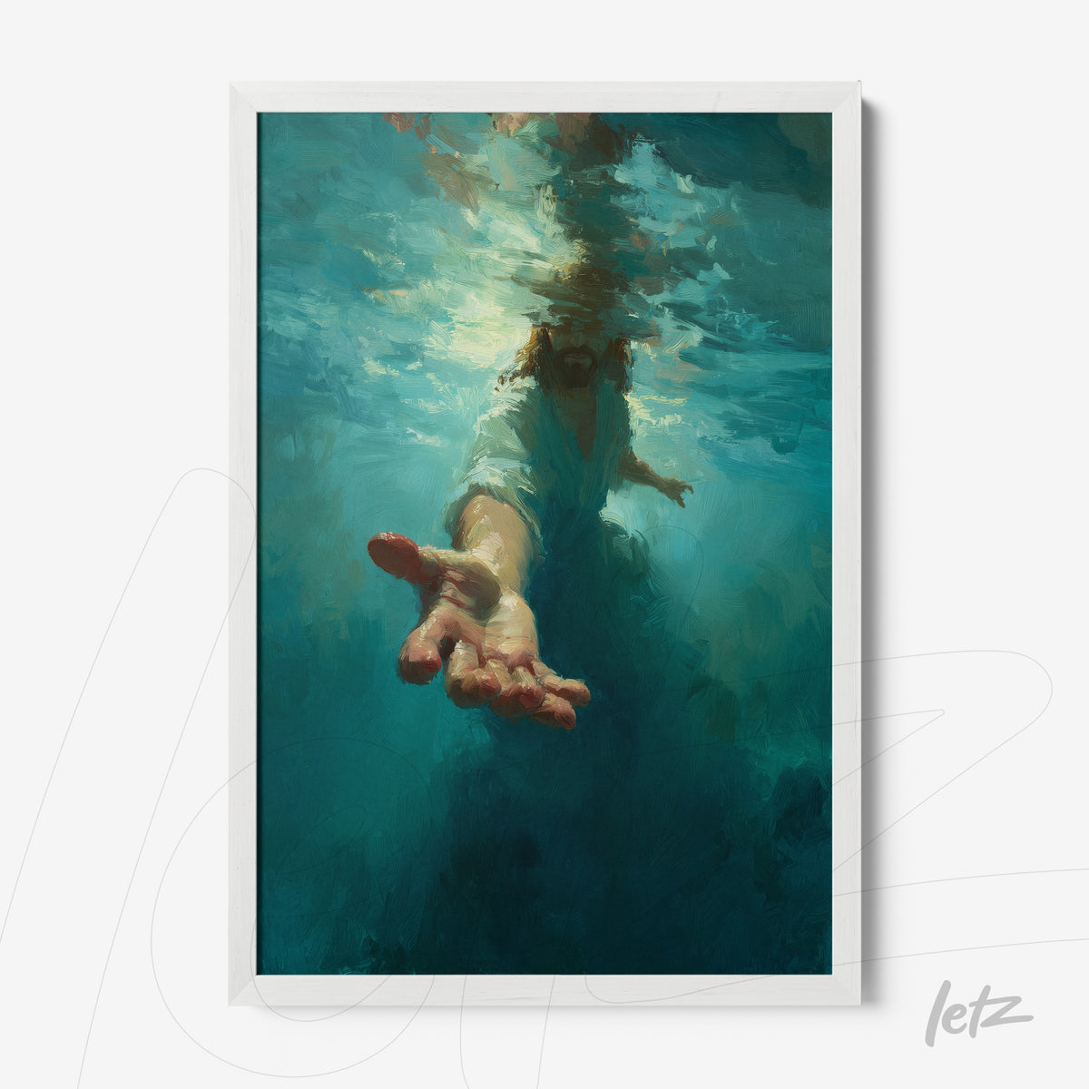 quadro com arte impressionista de uma mão estendida em um fundo aquático azul, moldura branca