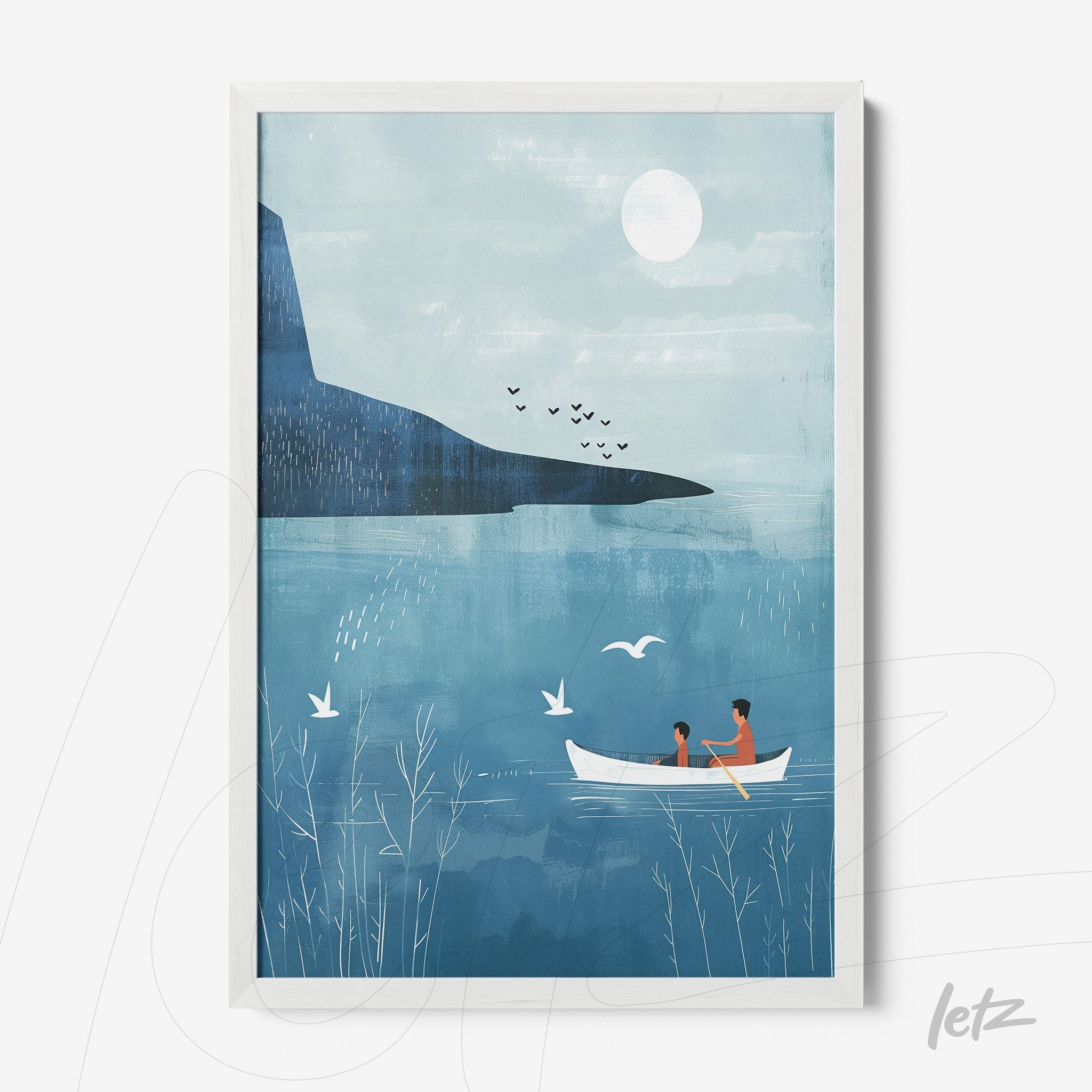 quadro com ilustração minimalista de pessoas em um barco no lago sob céu azul com montanha ao fundo e aves voando