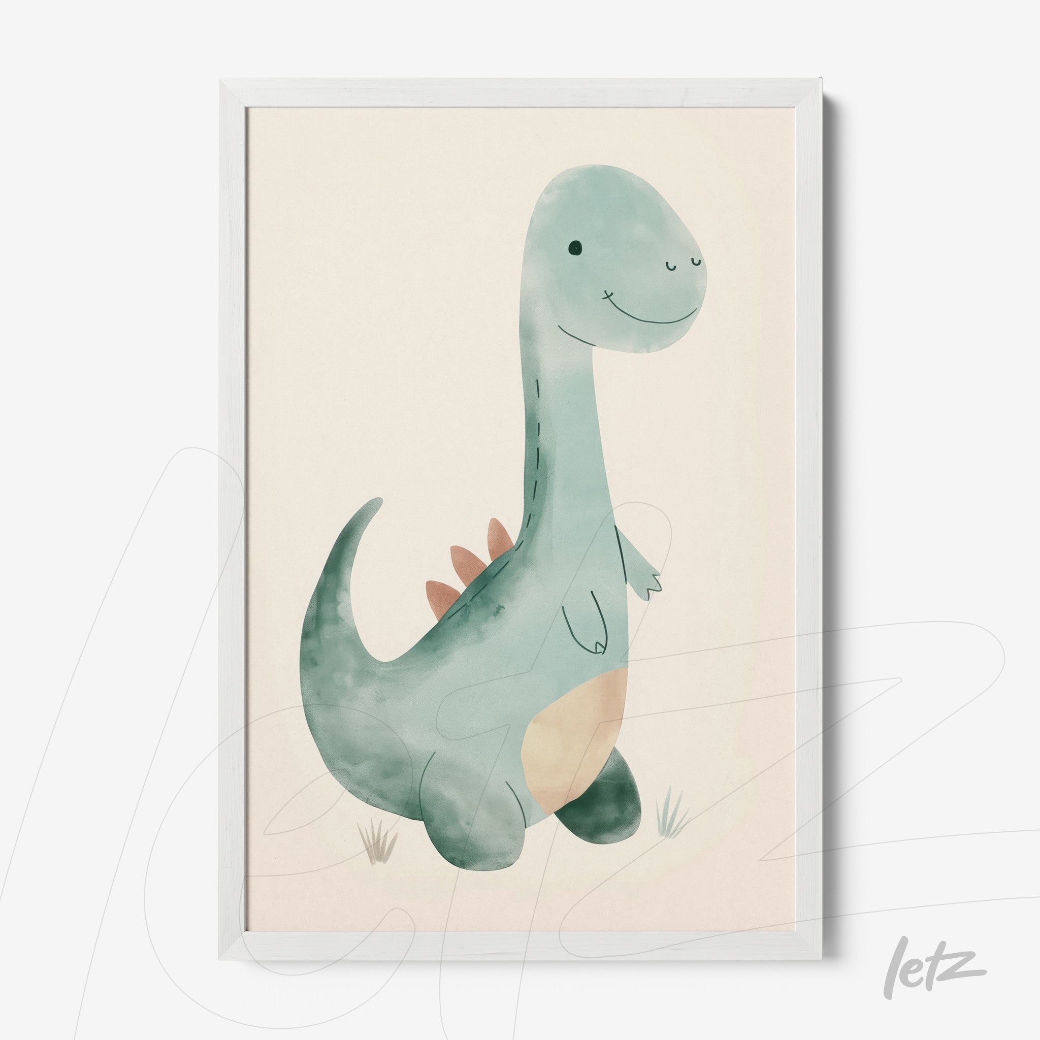 quadro com ilustração de dinossauro em tons pastel com moldura branca